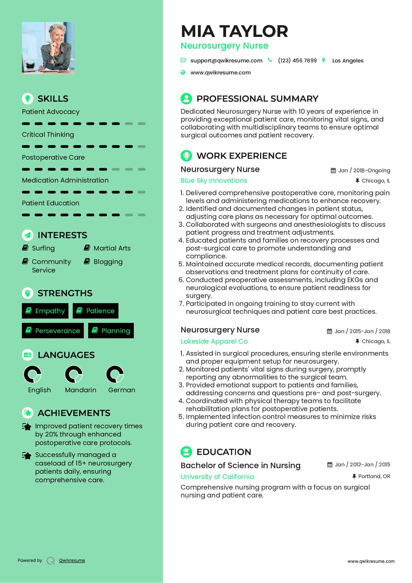 Neurosurgery Nurse Resume Model