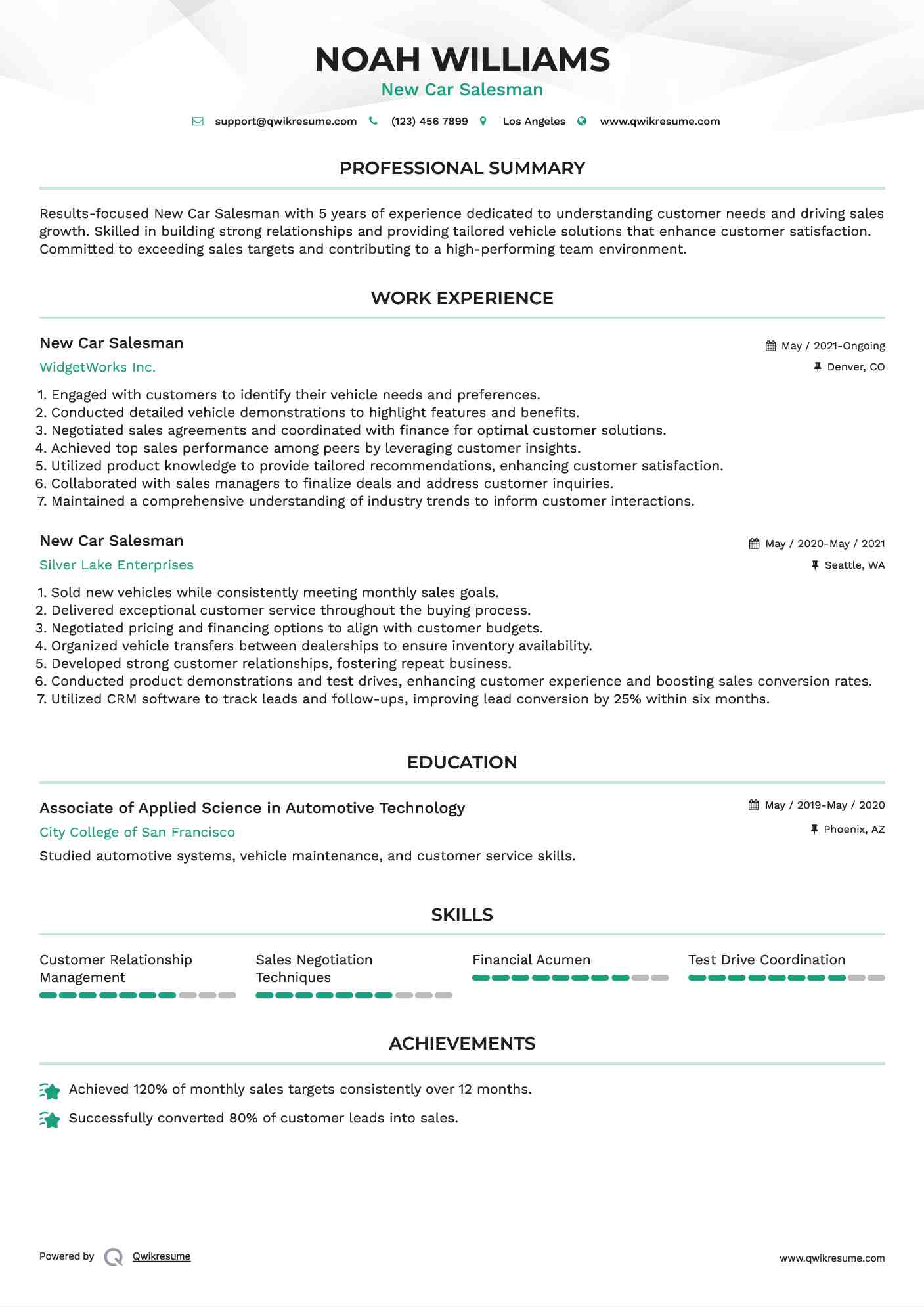 New Car Salesman Resume Format