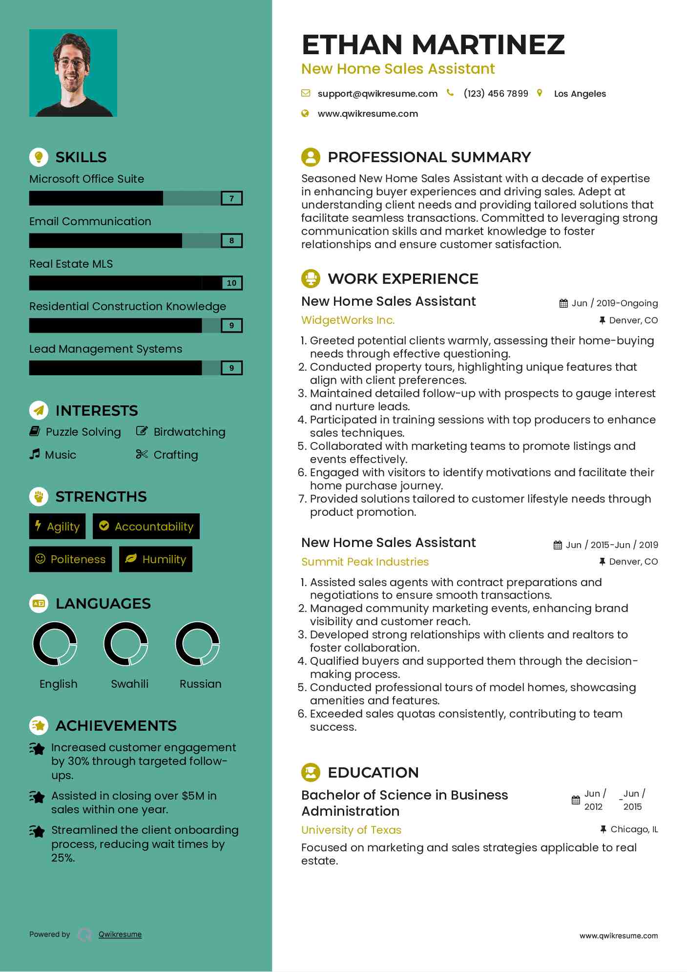 New Home Sales Assistant Resume Template