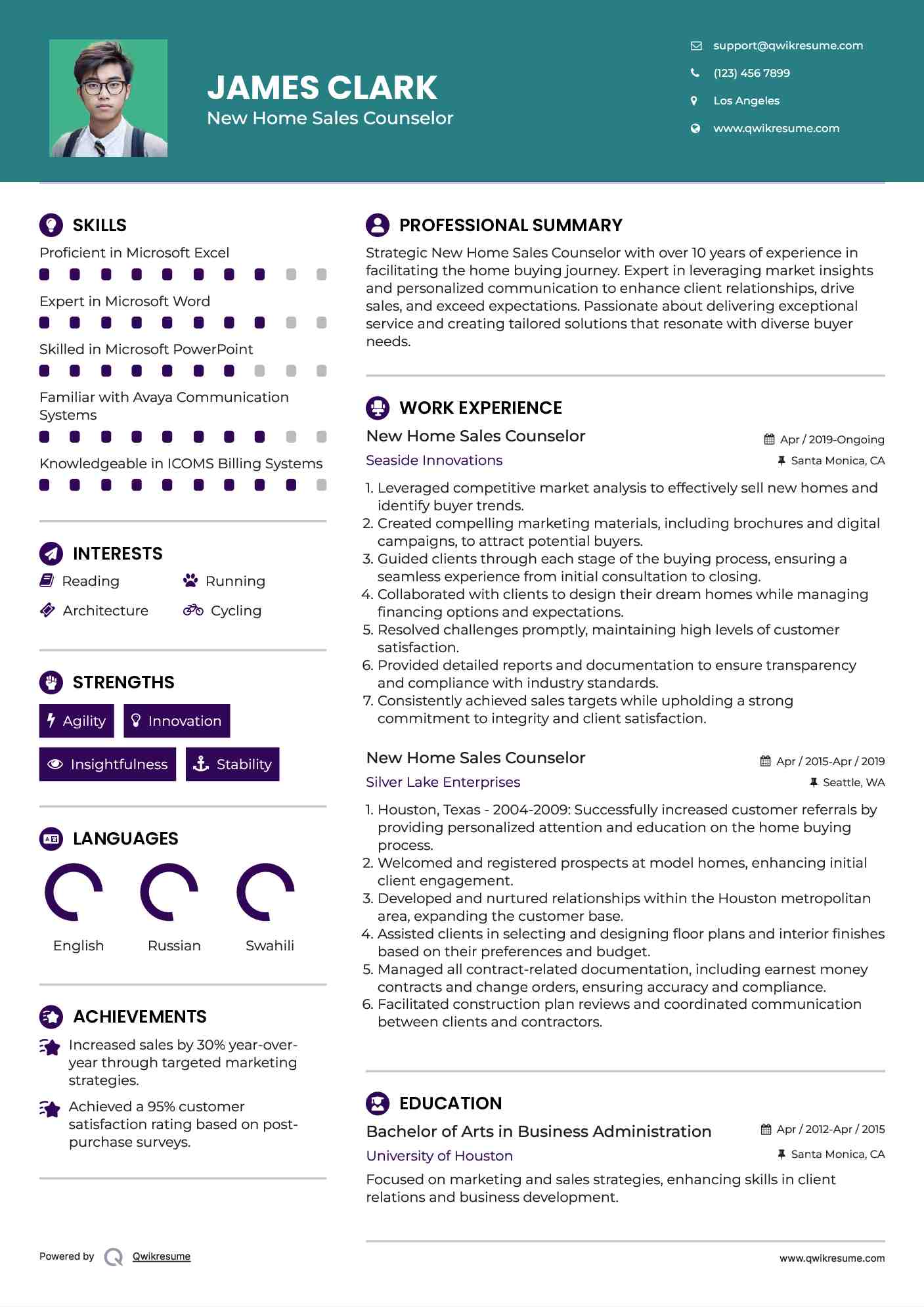 New Home Sales Counselor Resume Sample