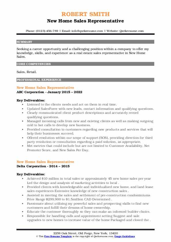 New Home Sales Representative Resume Samples QwikResume