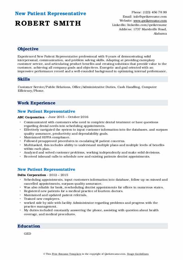 New Patient Representative Resume Samples QwikResume