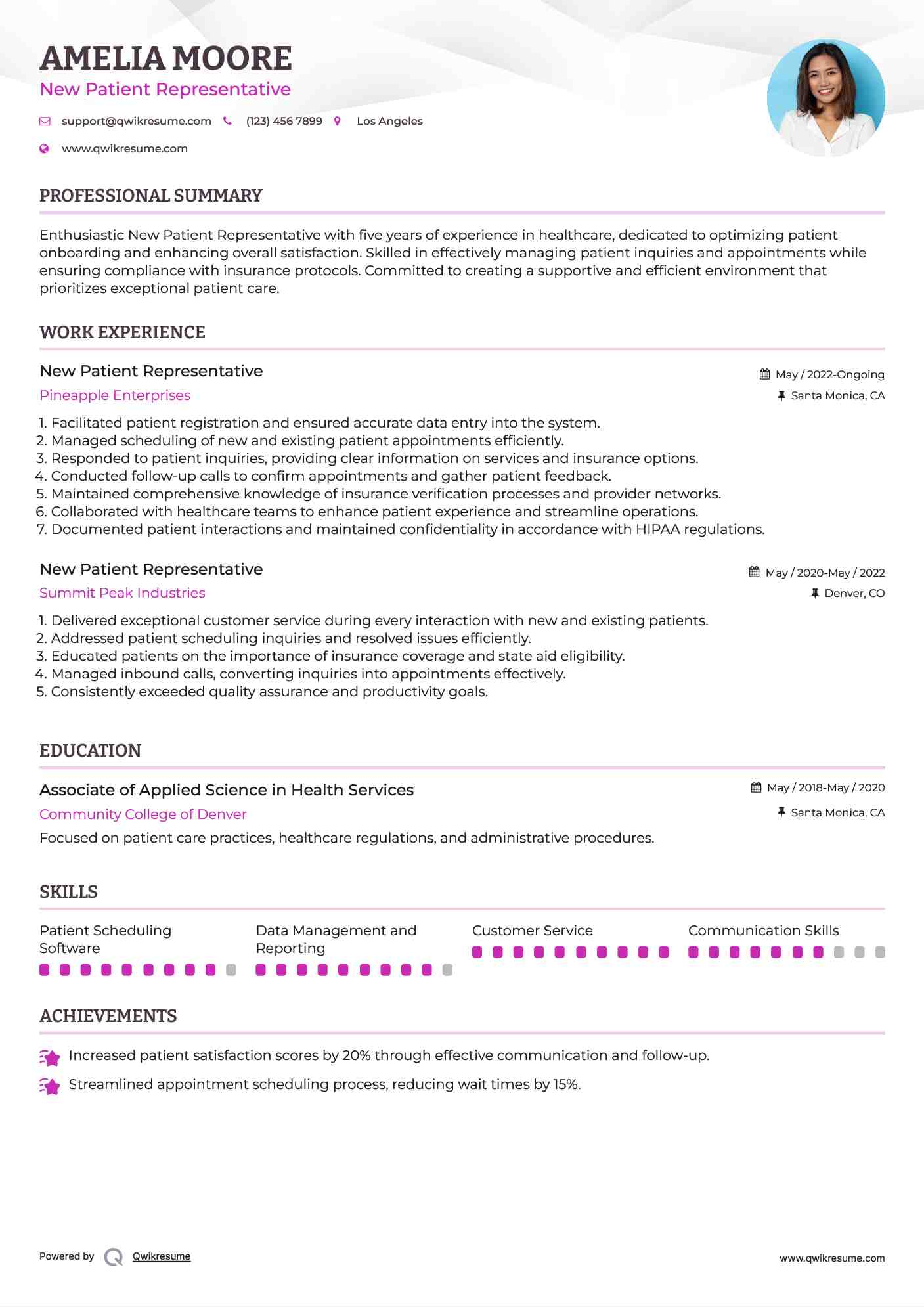 New Patient Representative Resume Format