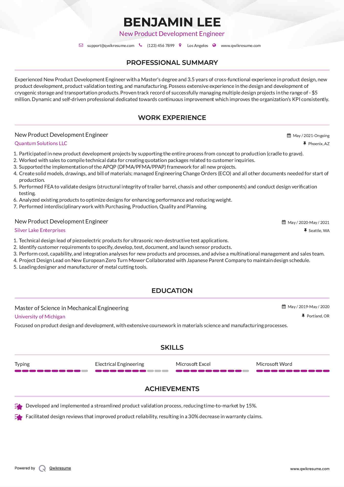 New Product Development Engineer Resume Example