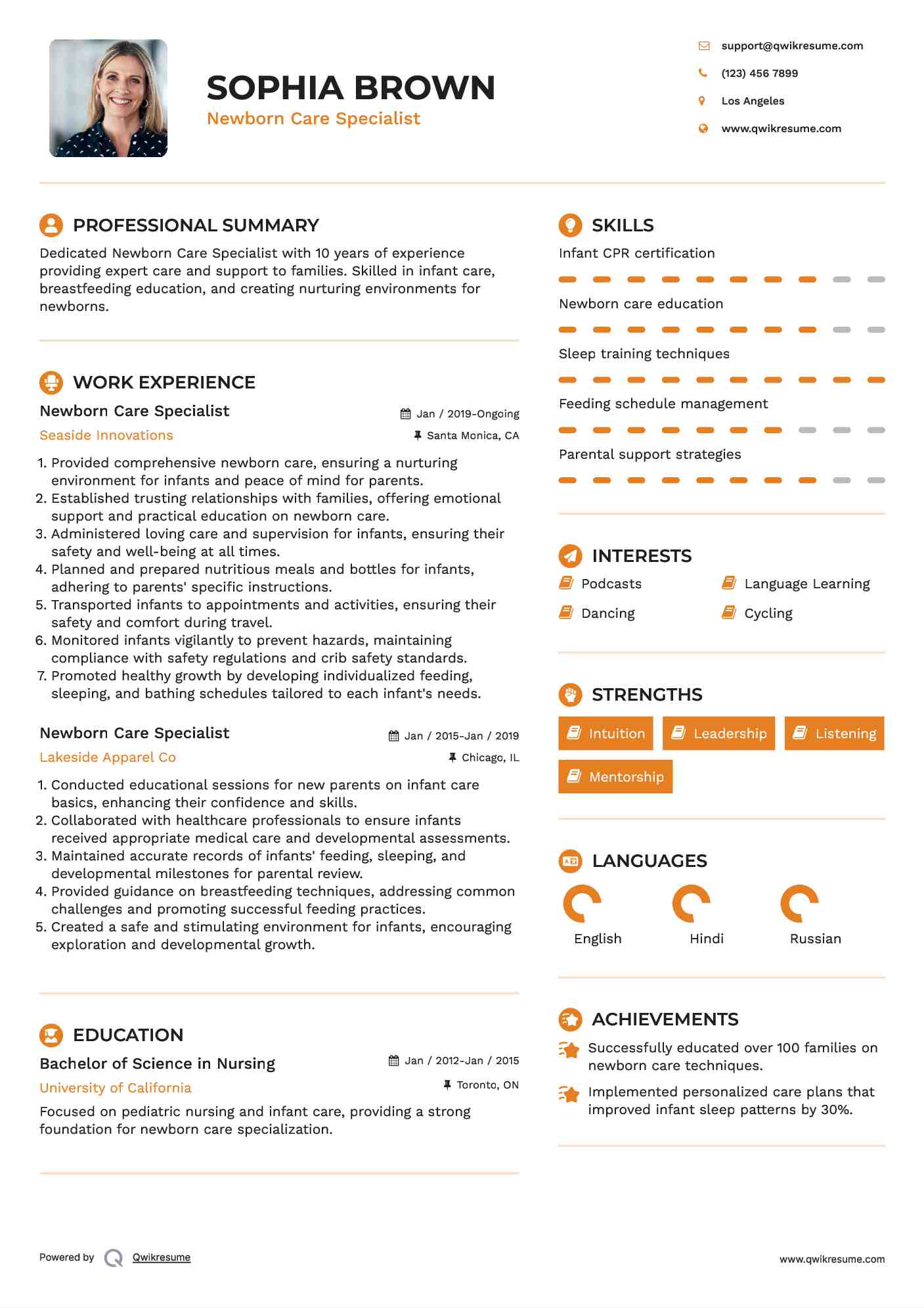 Newborn Care Specialist Resume Template
