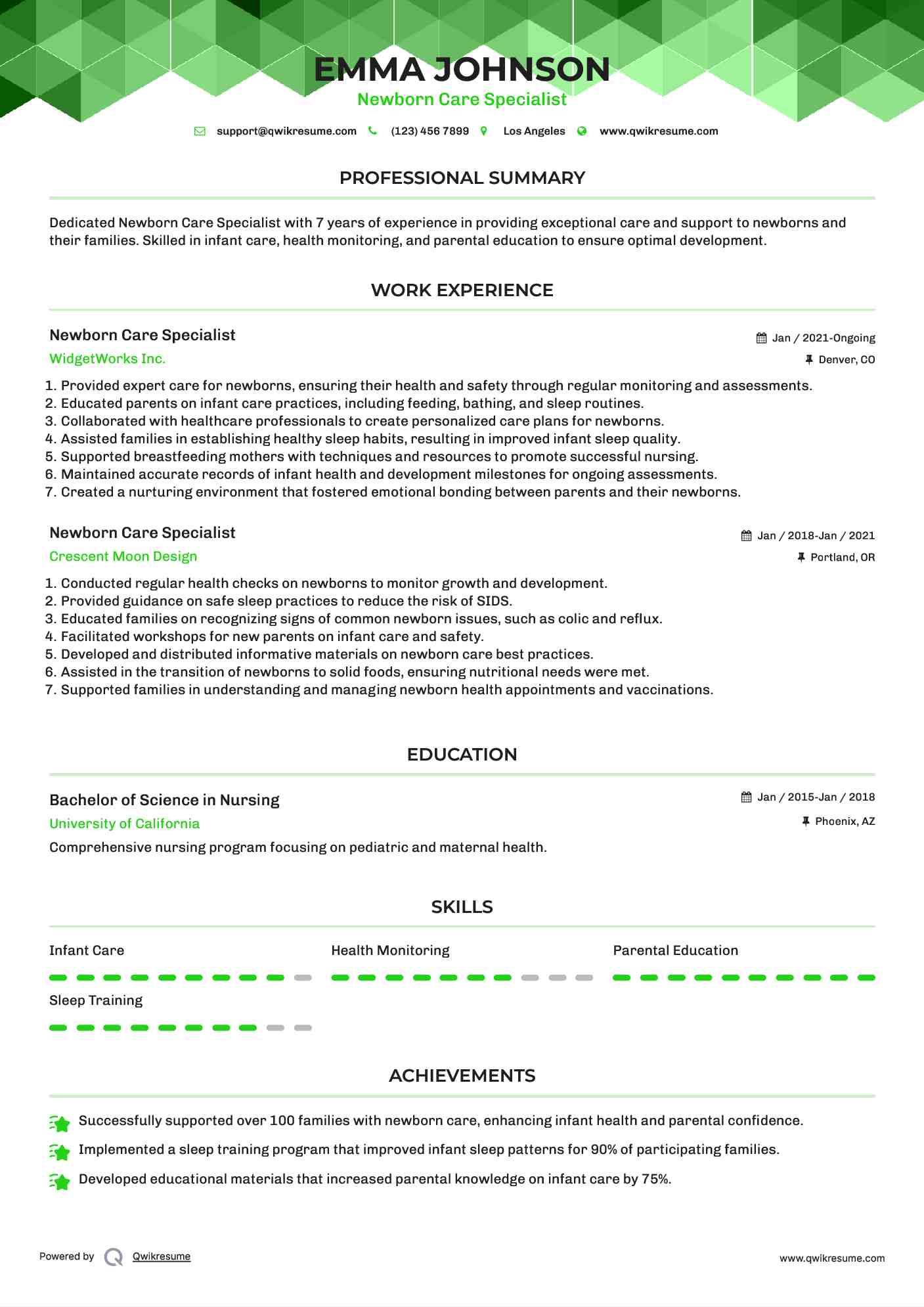 Newborn Care Specialist Resume Model