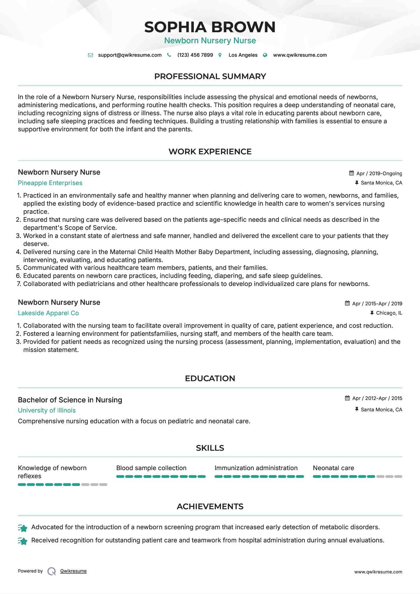 Newborn Nursery Nurse Resume Example