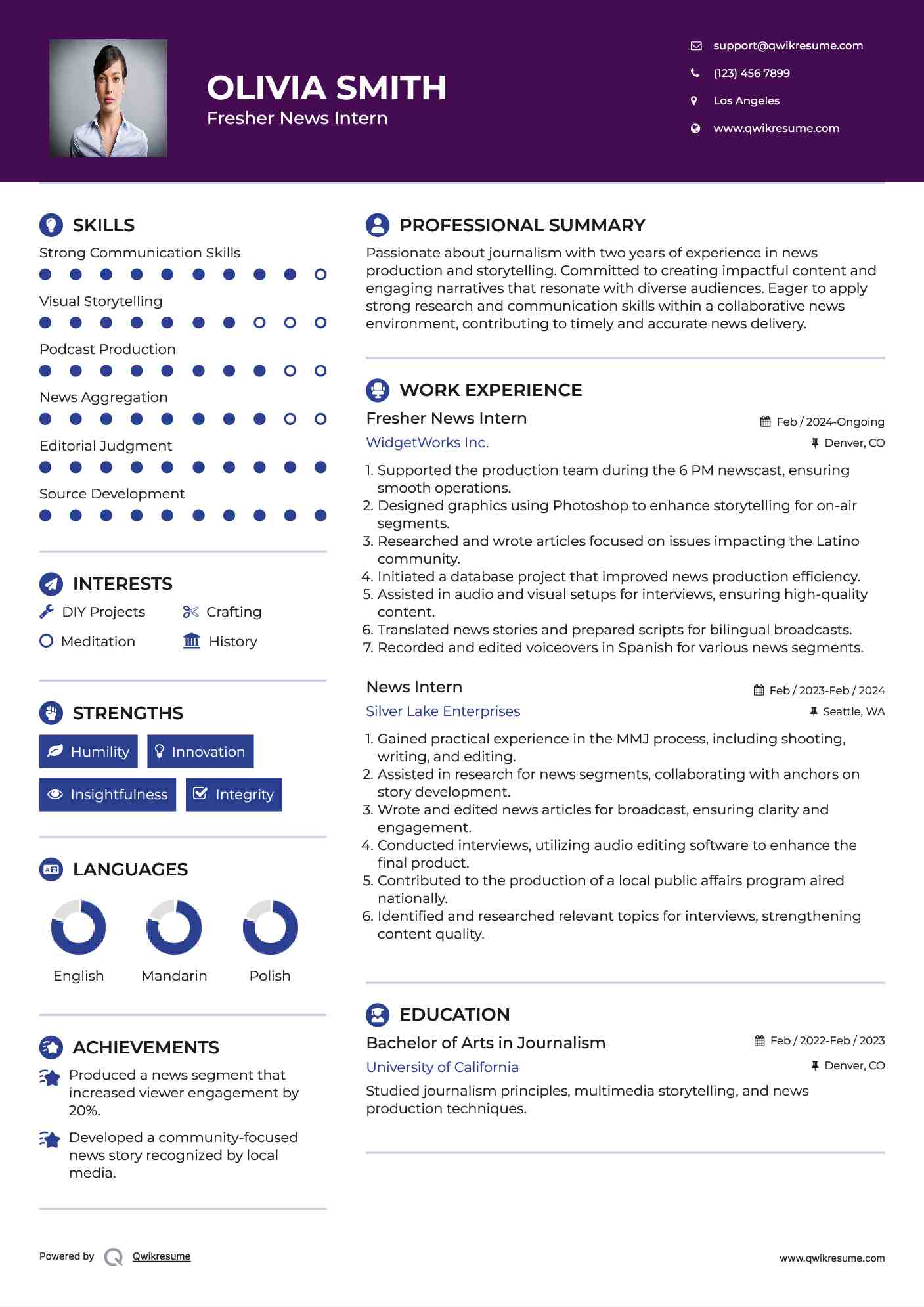 Fresher News Intern Resume Template