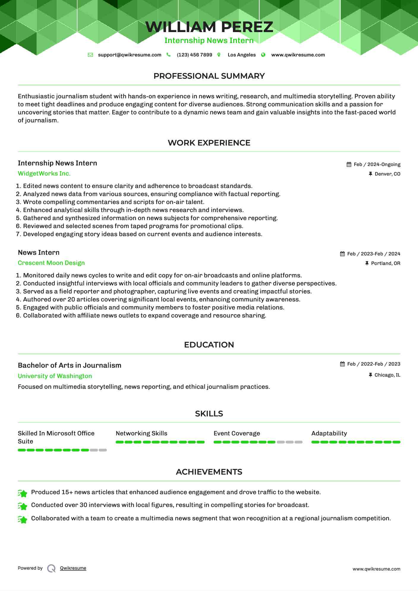 Internship News Intern Resume Sample