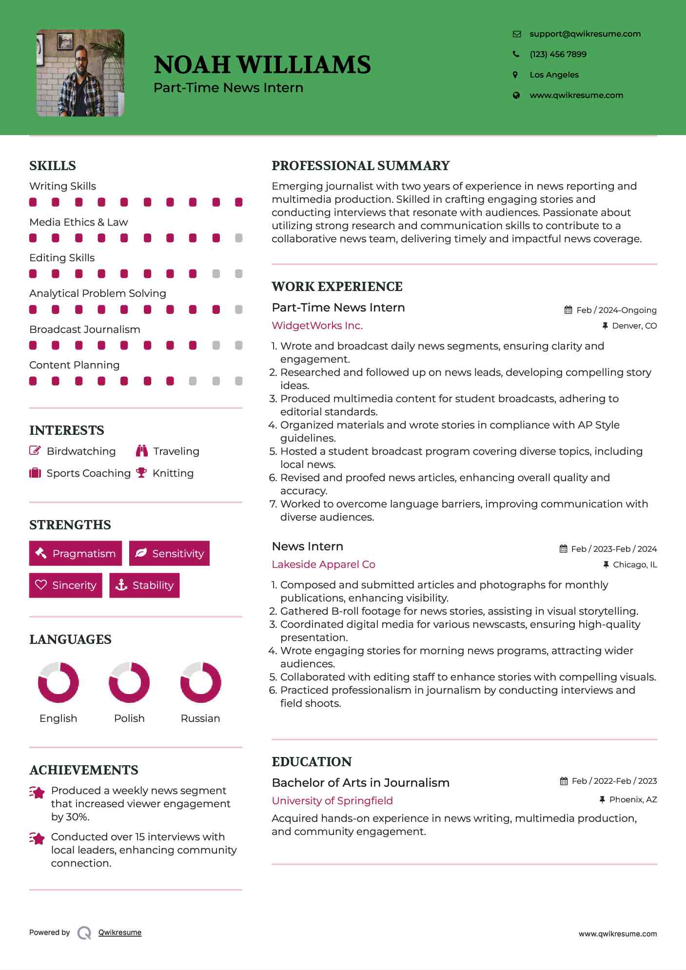 Part-Time News Intern Resume Sample