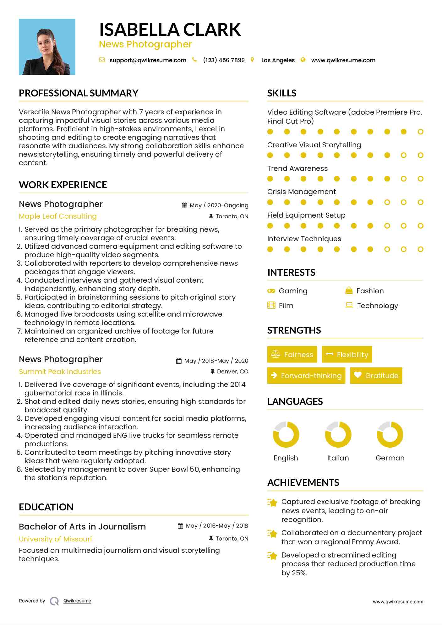 News Photographer Resume Example
