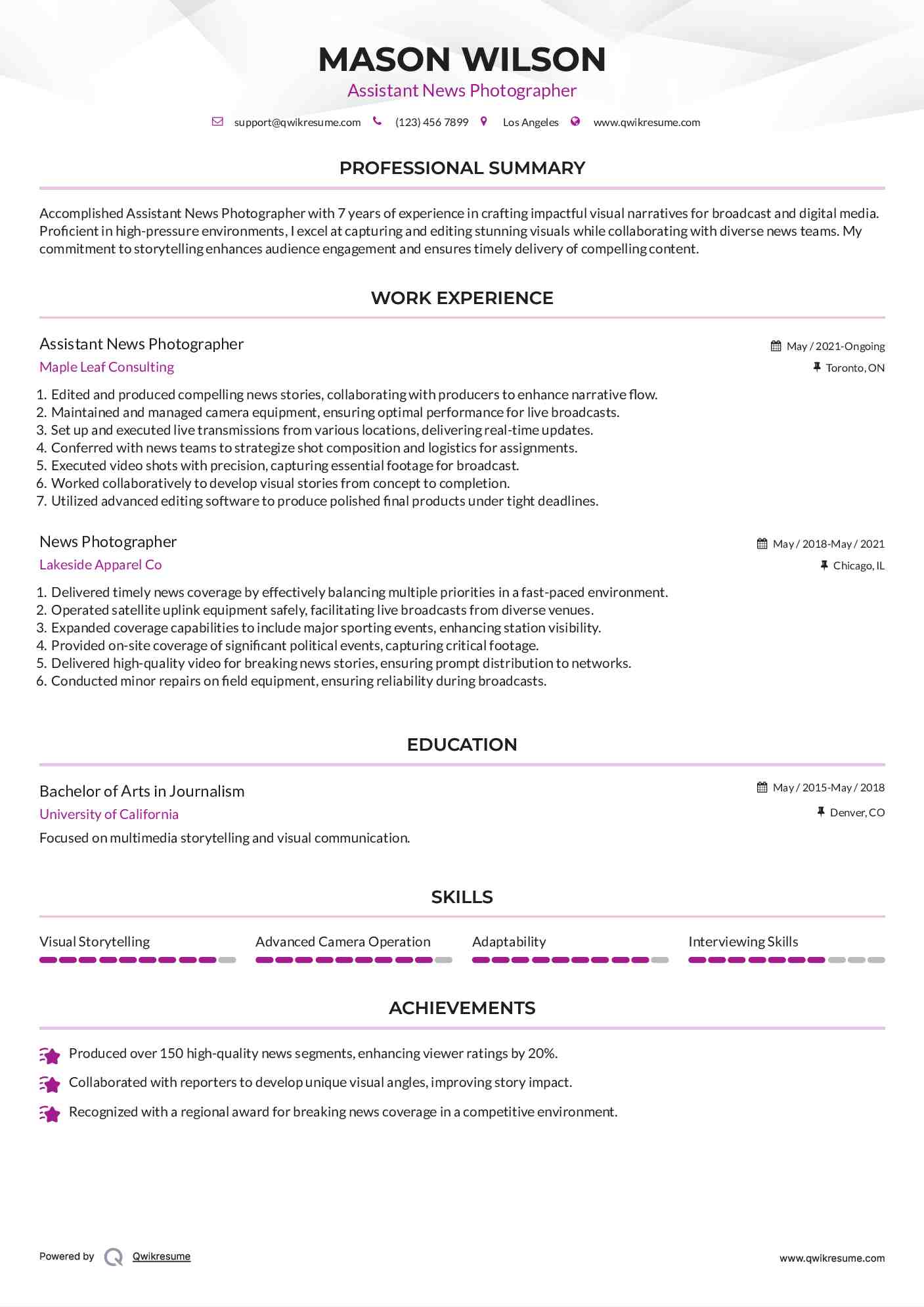 Assistant News Photographer Resume Sample