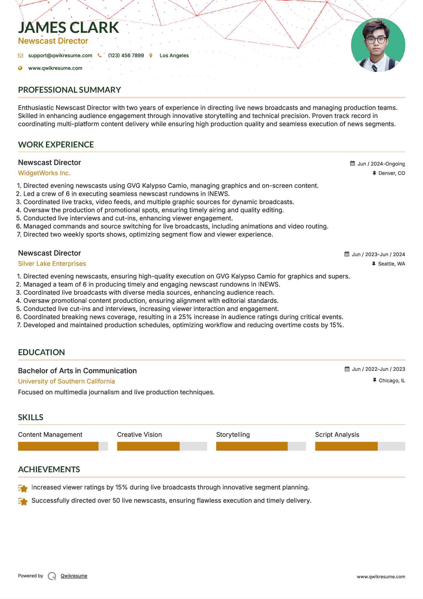 Newscast Director Resume Example