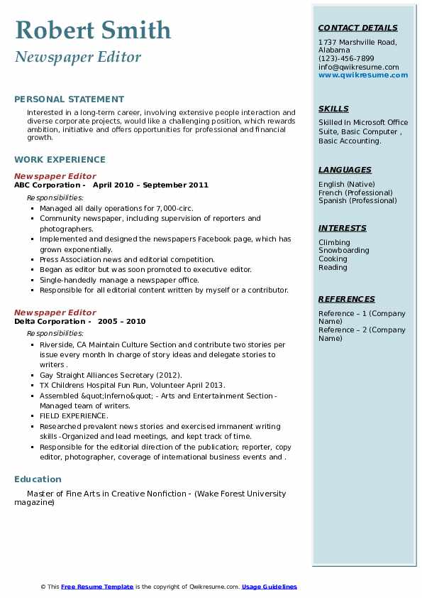 Newspaper Editor Resume Samples QwikResume