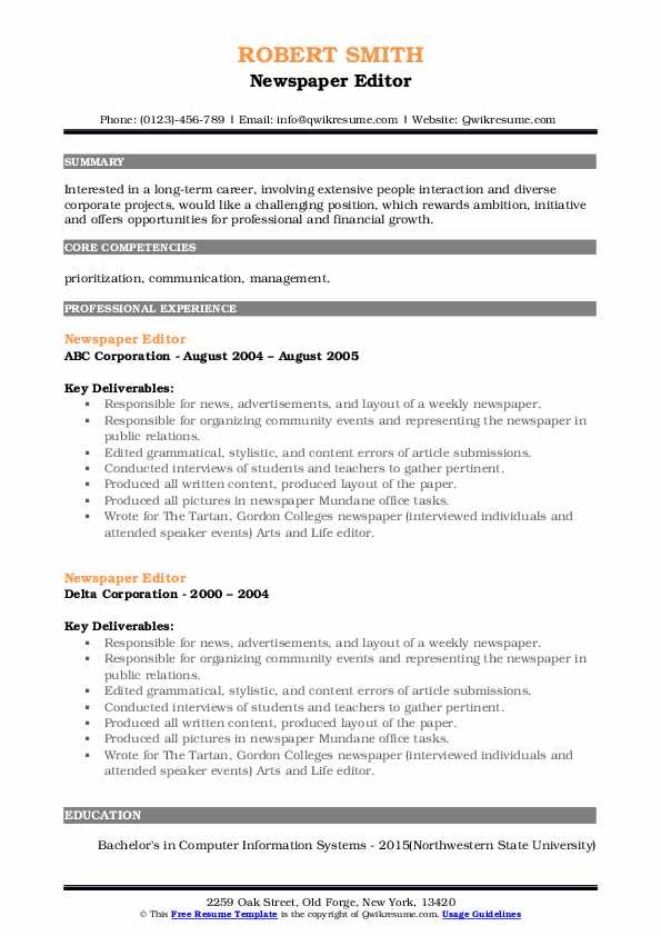 Newspaper Editor Resume Samples QwikResume