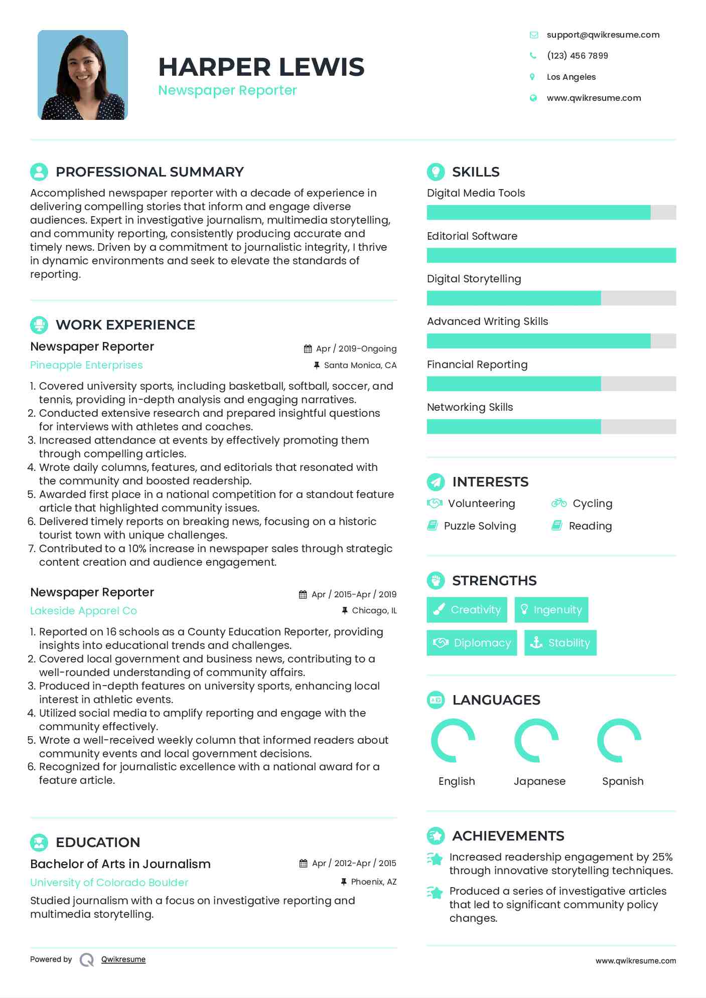 Newspaper Reporter Resume Model