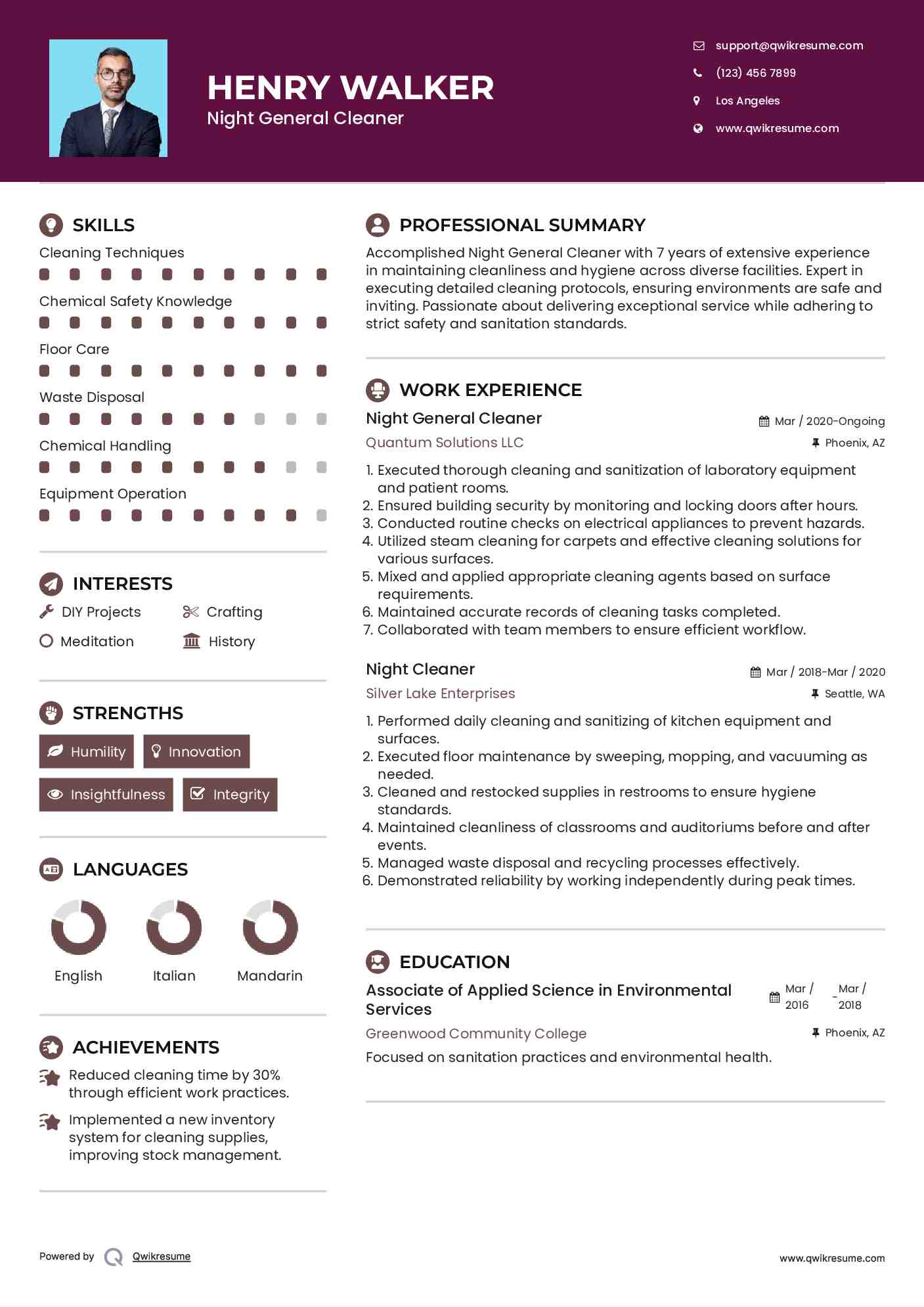 Night General Cleaner  Resume Sample