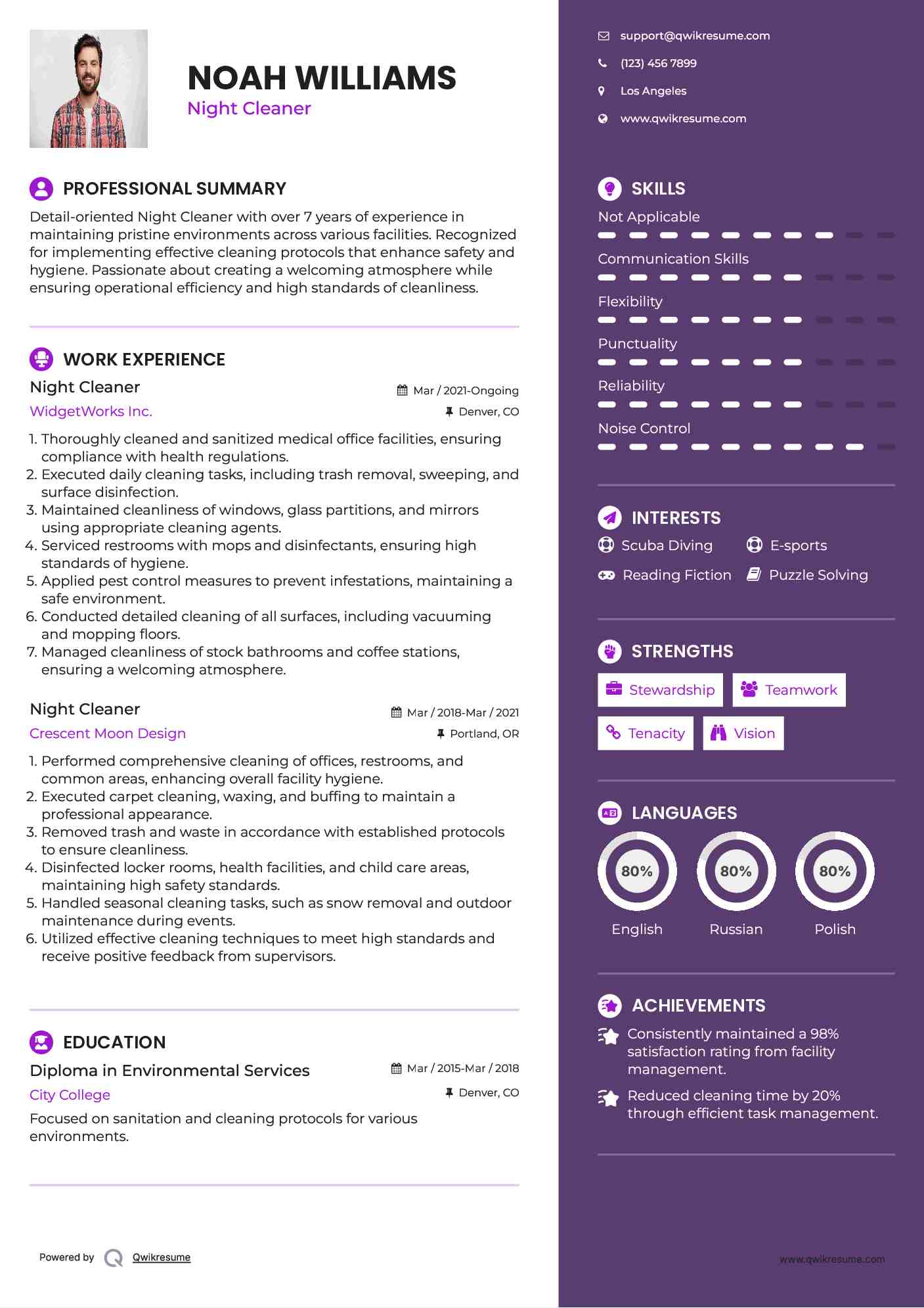 Night Cleaner Resume Example