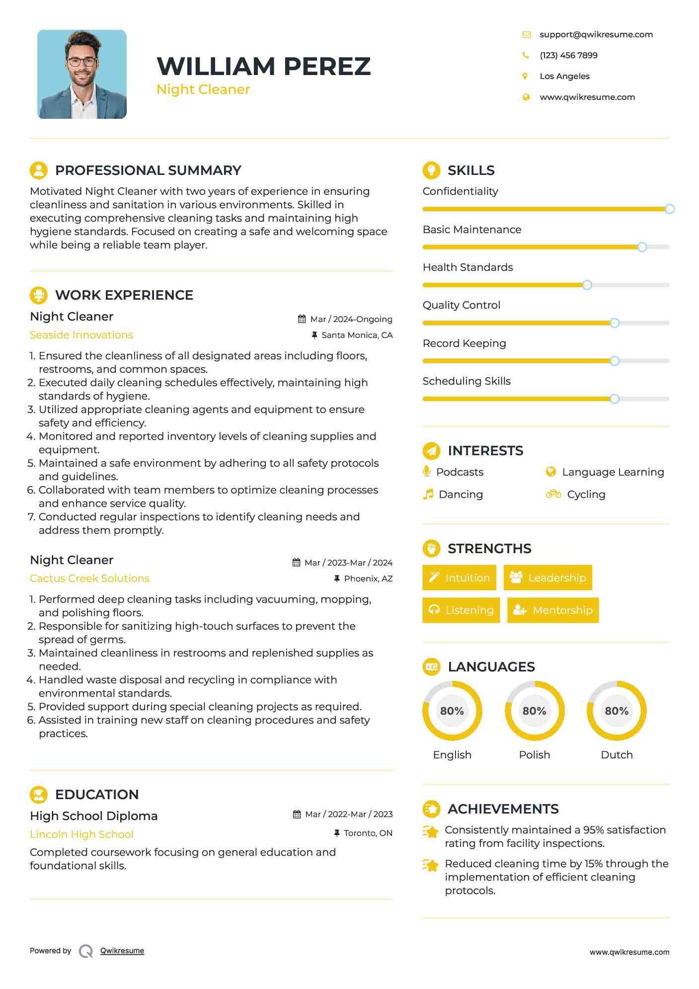 Night Cleaner Resume Example