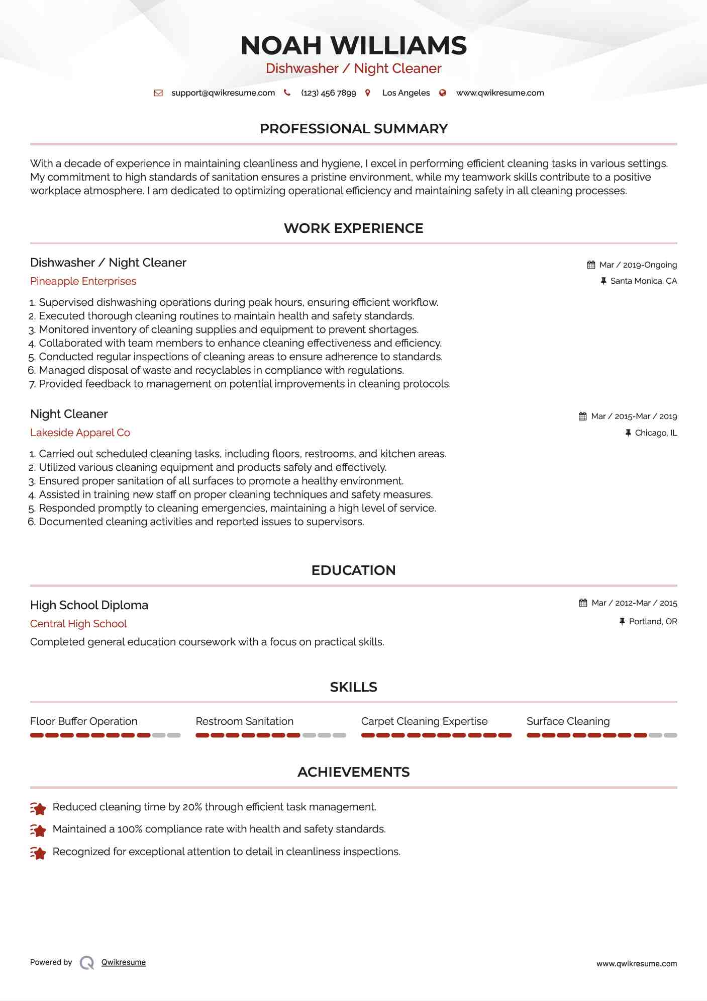 Dishwasher / Night Cleaner
 Resume Template