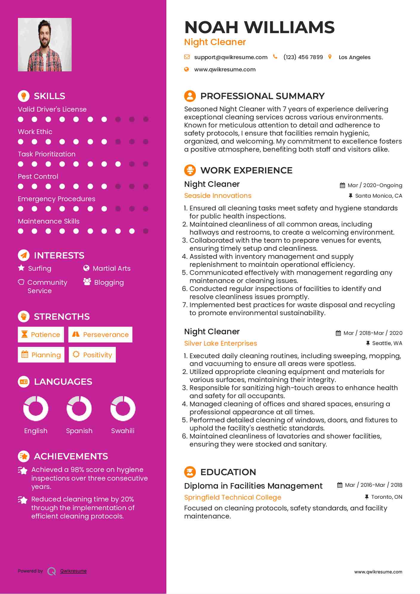 Night Cleaner Resume Template