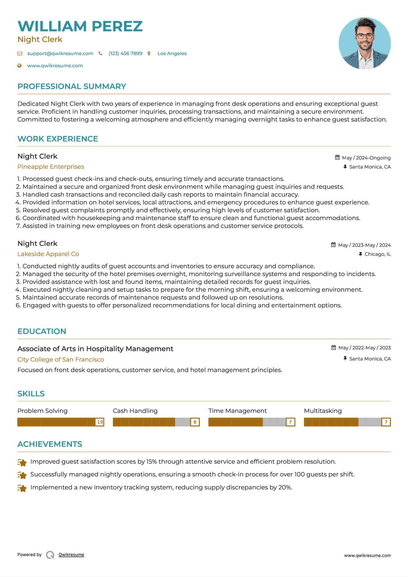 Night Clerk Resume Example