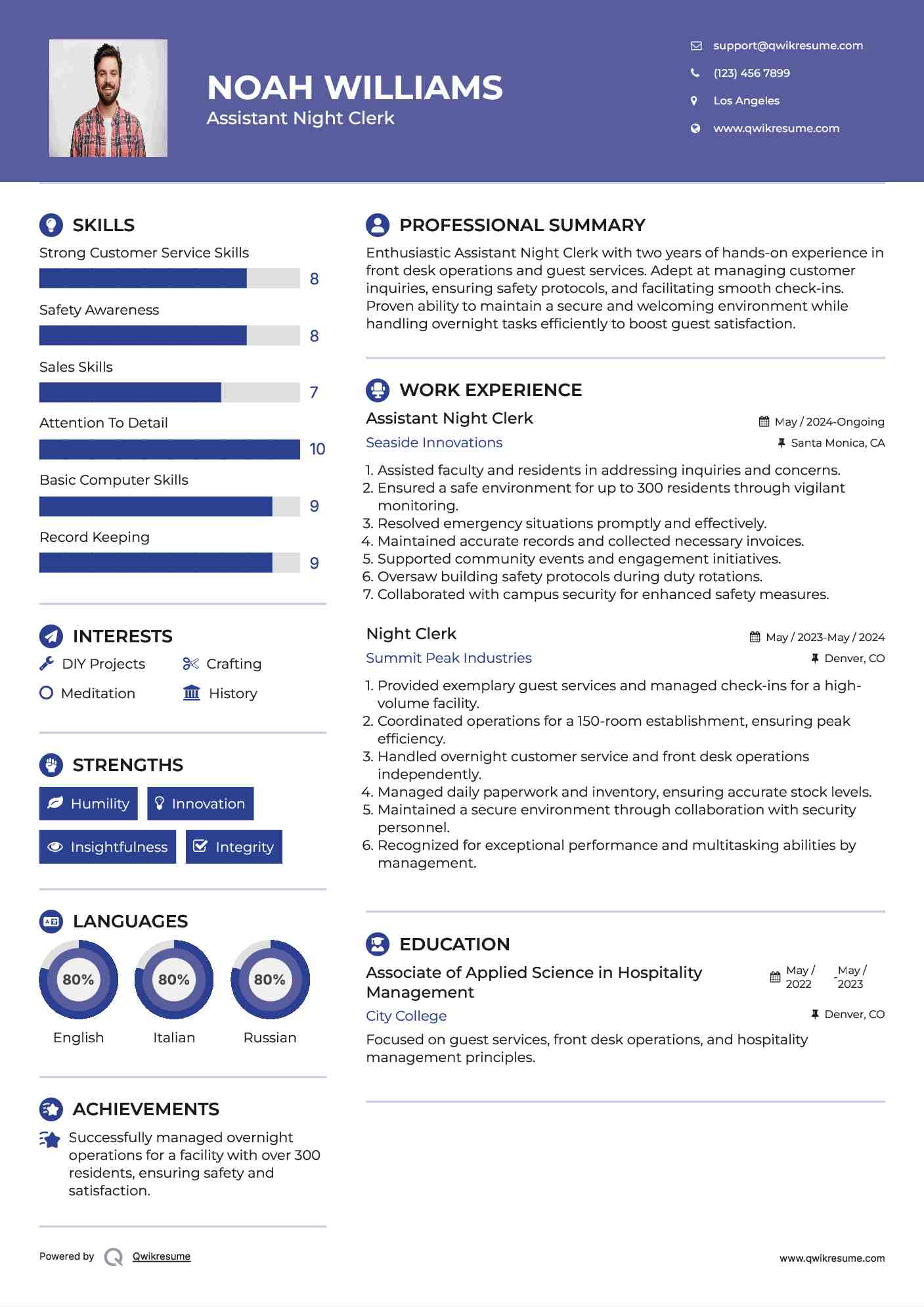 Assistant Night Clerk Resume Example