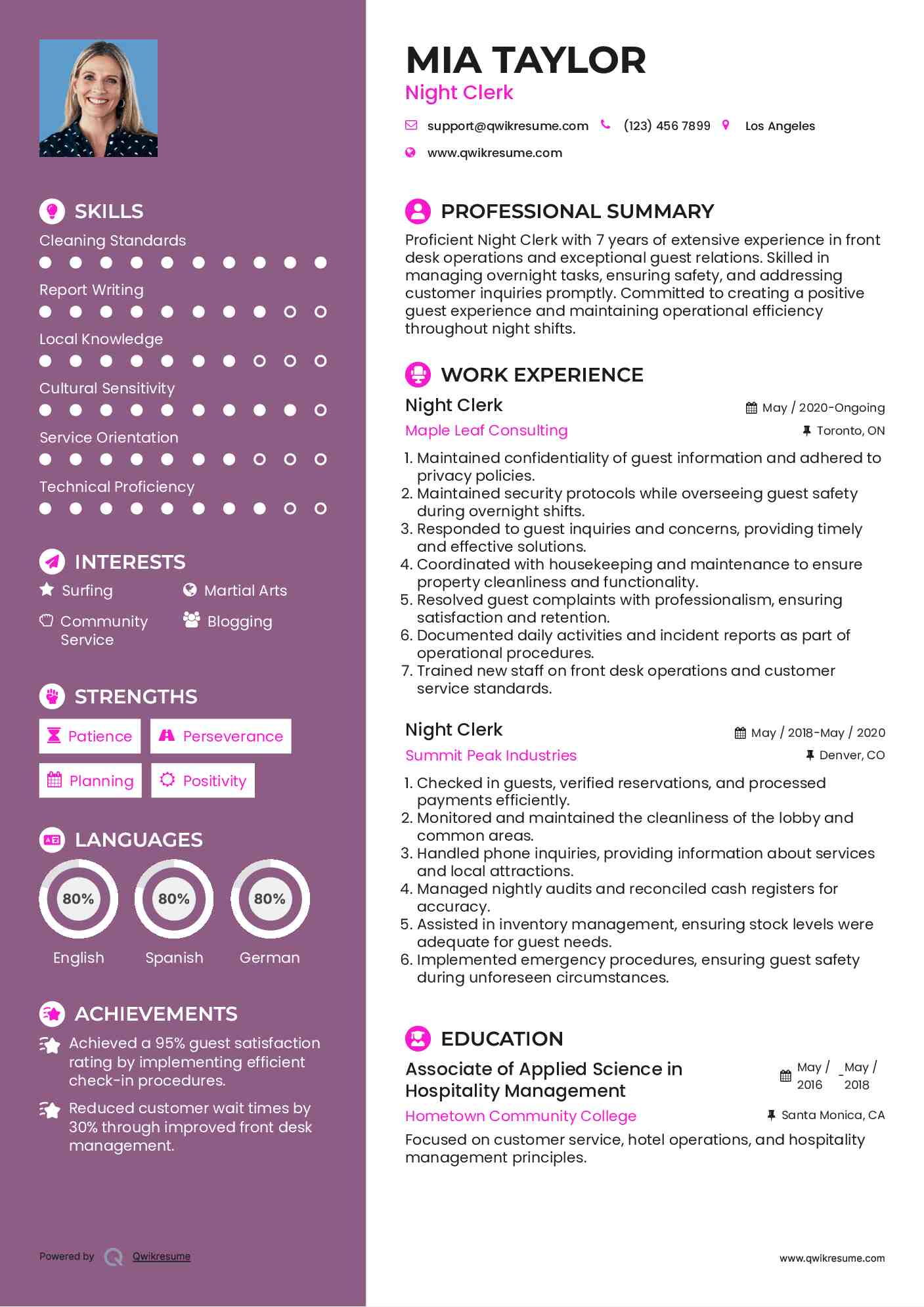 Night Clerk Resume Template