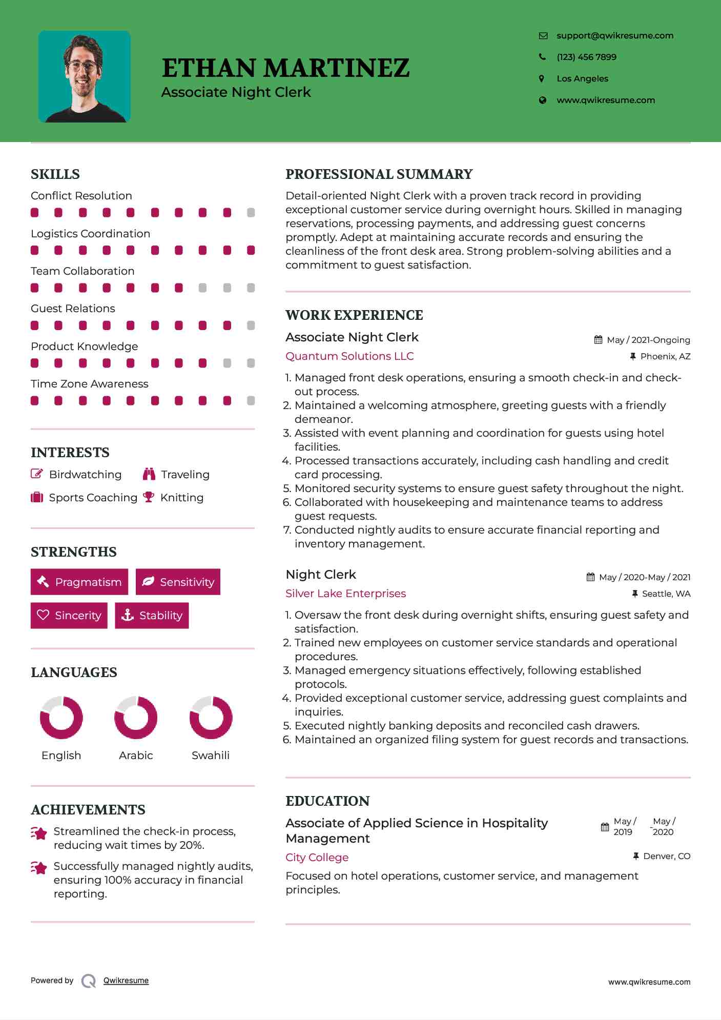 Associate Night Clerk Resume Sample