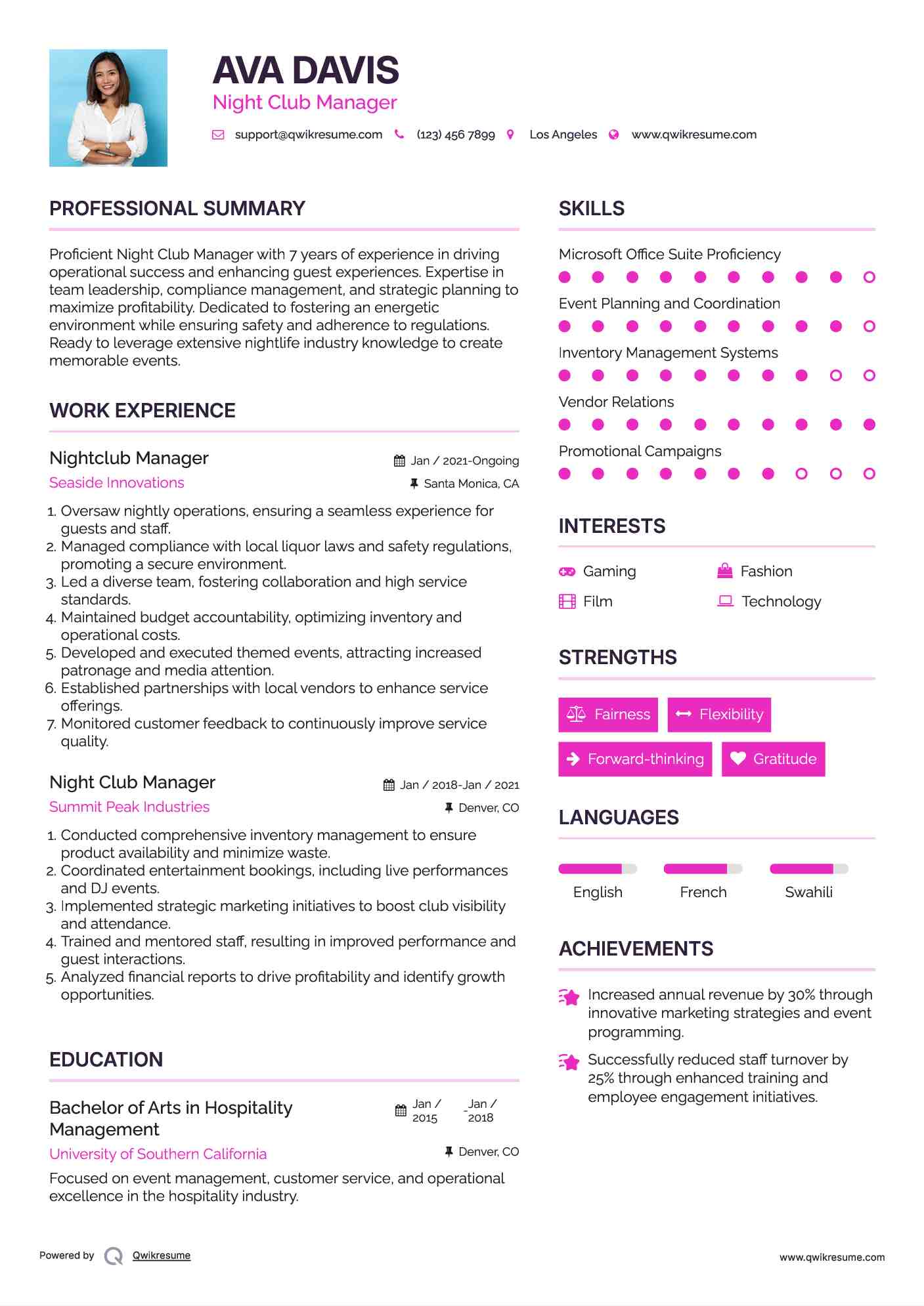 Nightclub Manager Resume Sample