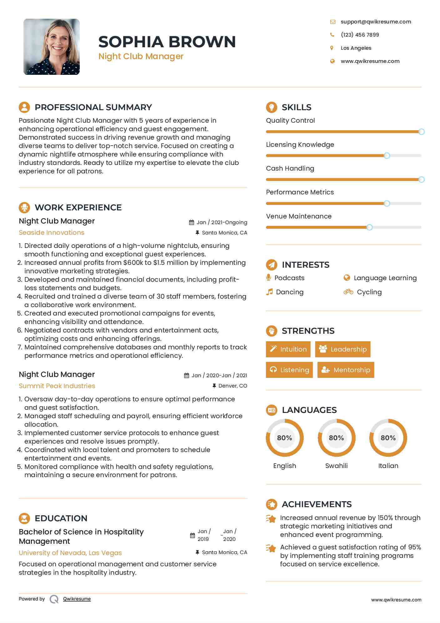 Night Club Manager Resume Template