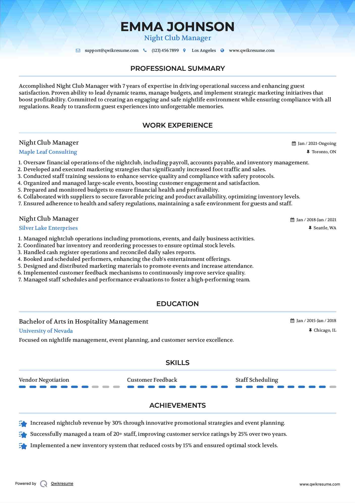 Night Club Manager Resume Template