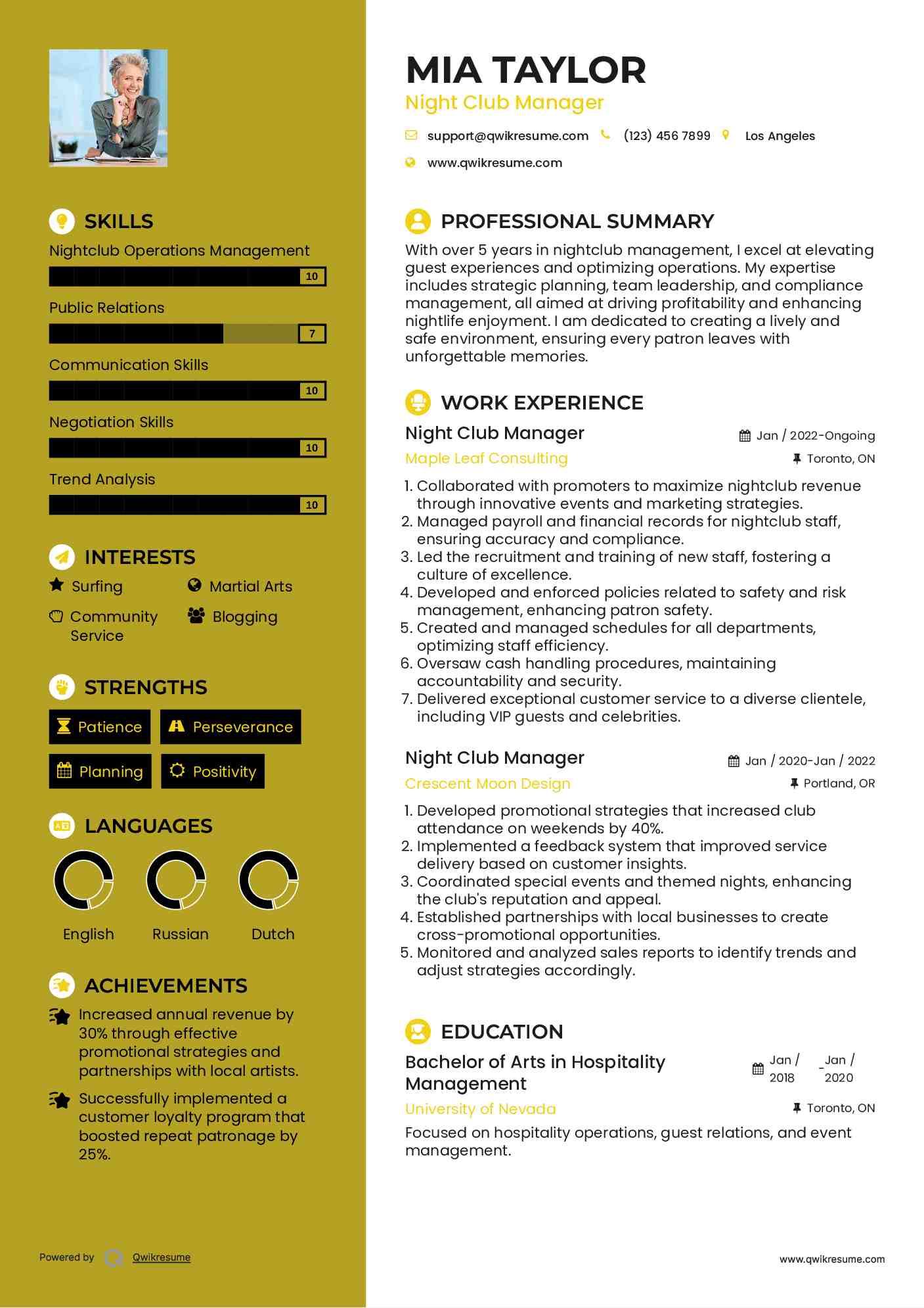 Night Club Manager Resume Template