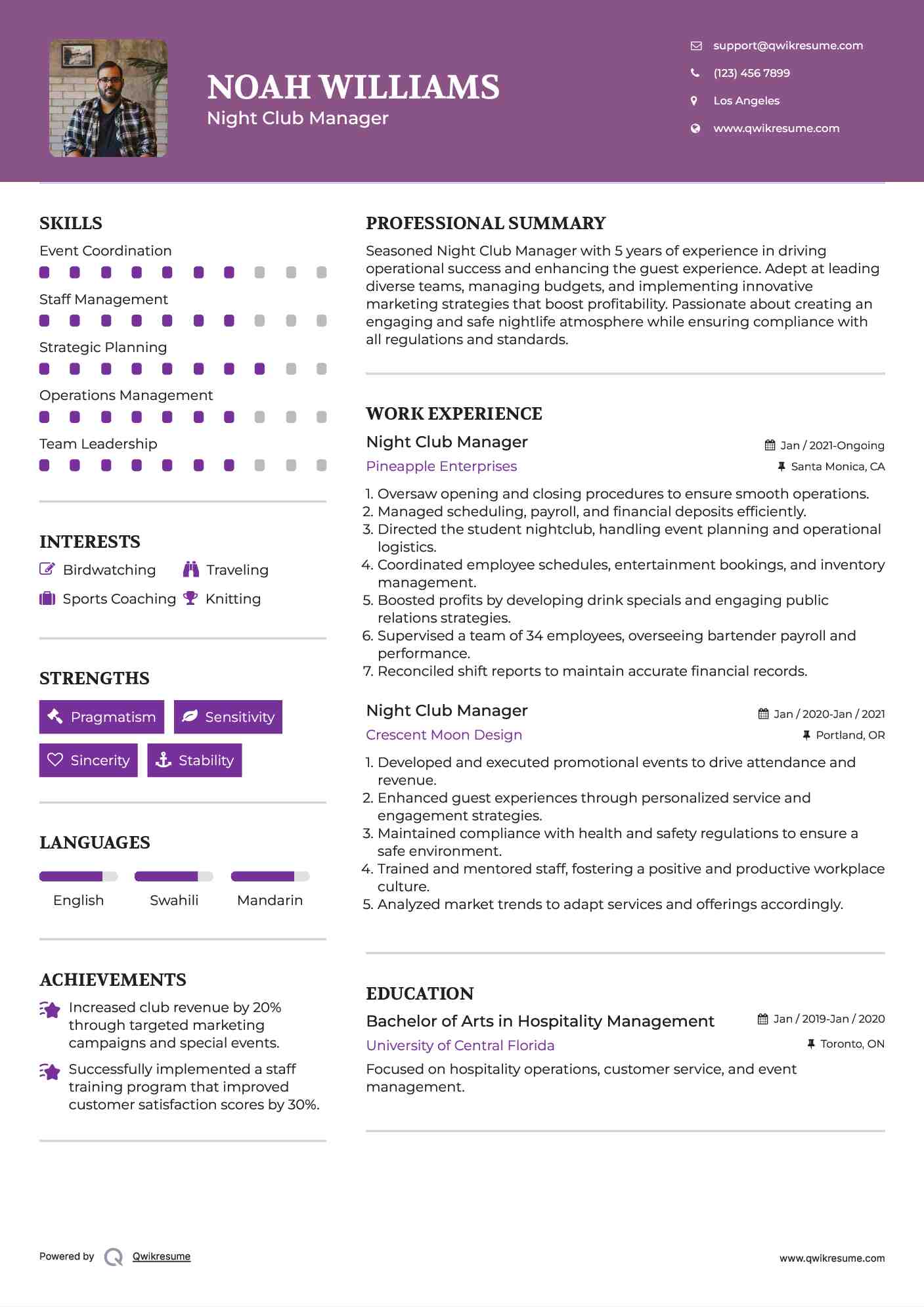 Night Club Manager Resume Template