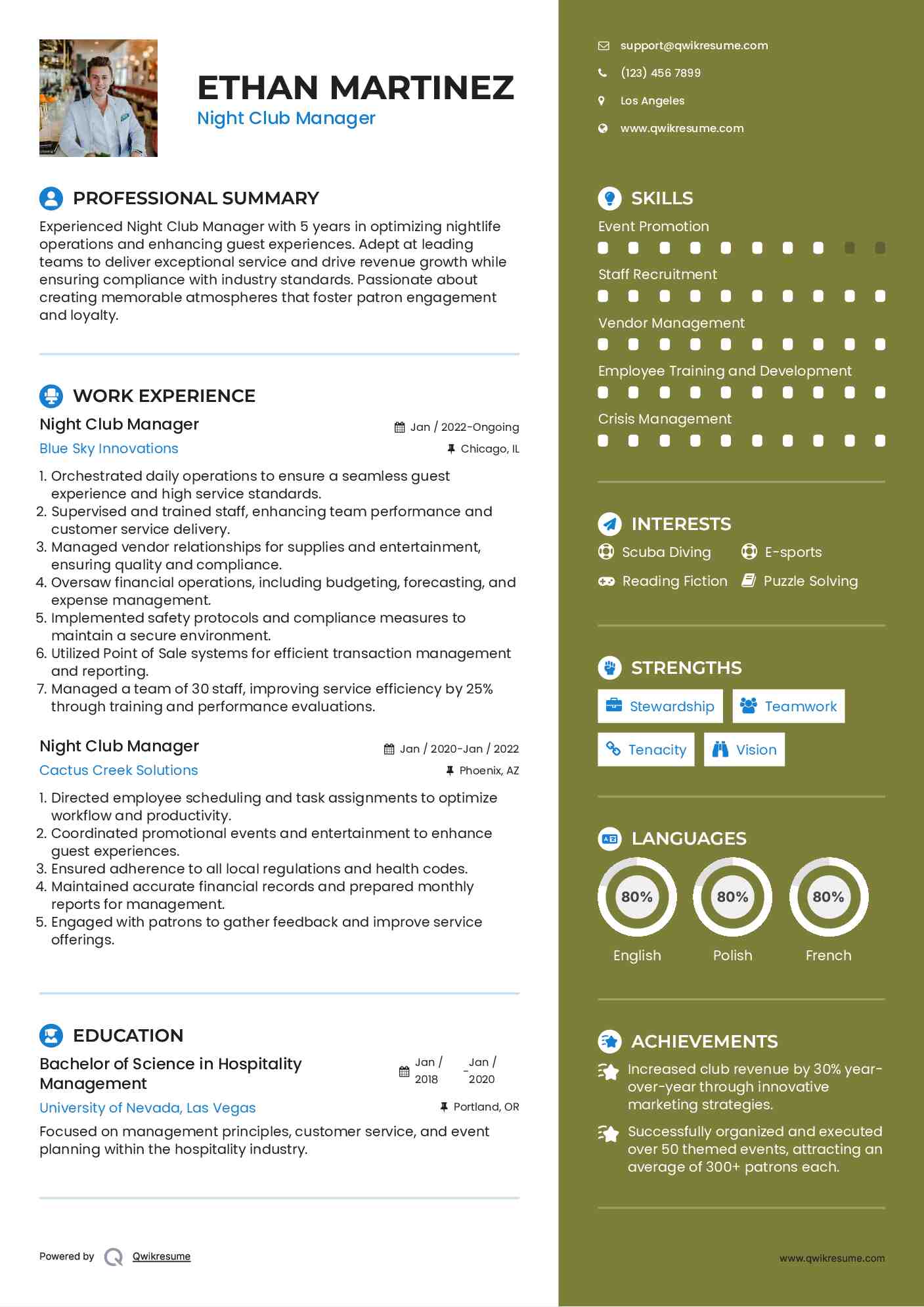 Night Club Manager Resume Example