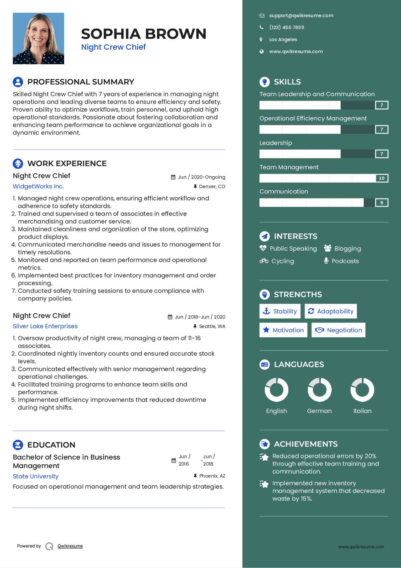 Night Crew Chief Resume Model