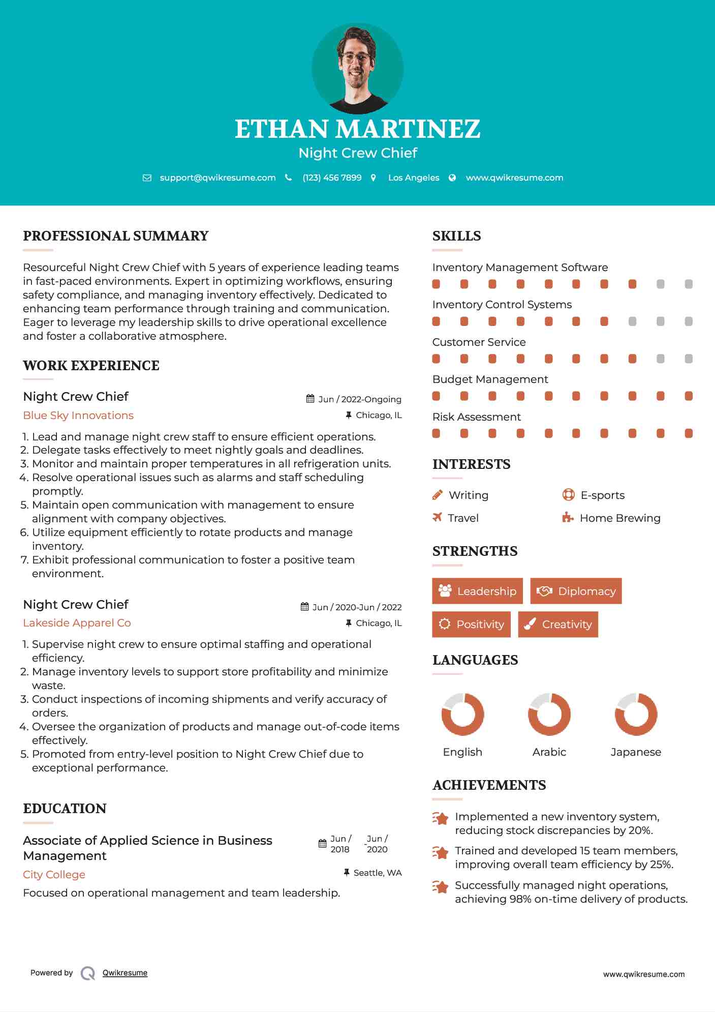 Night Crew Chief Resume Sample