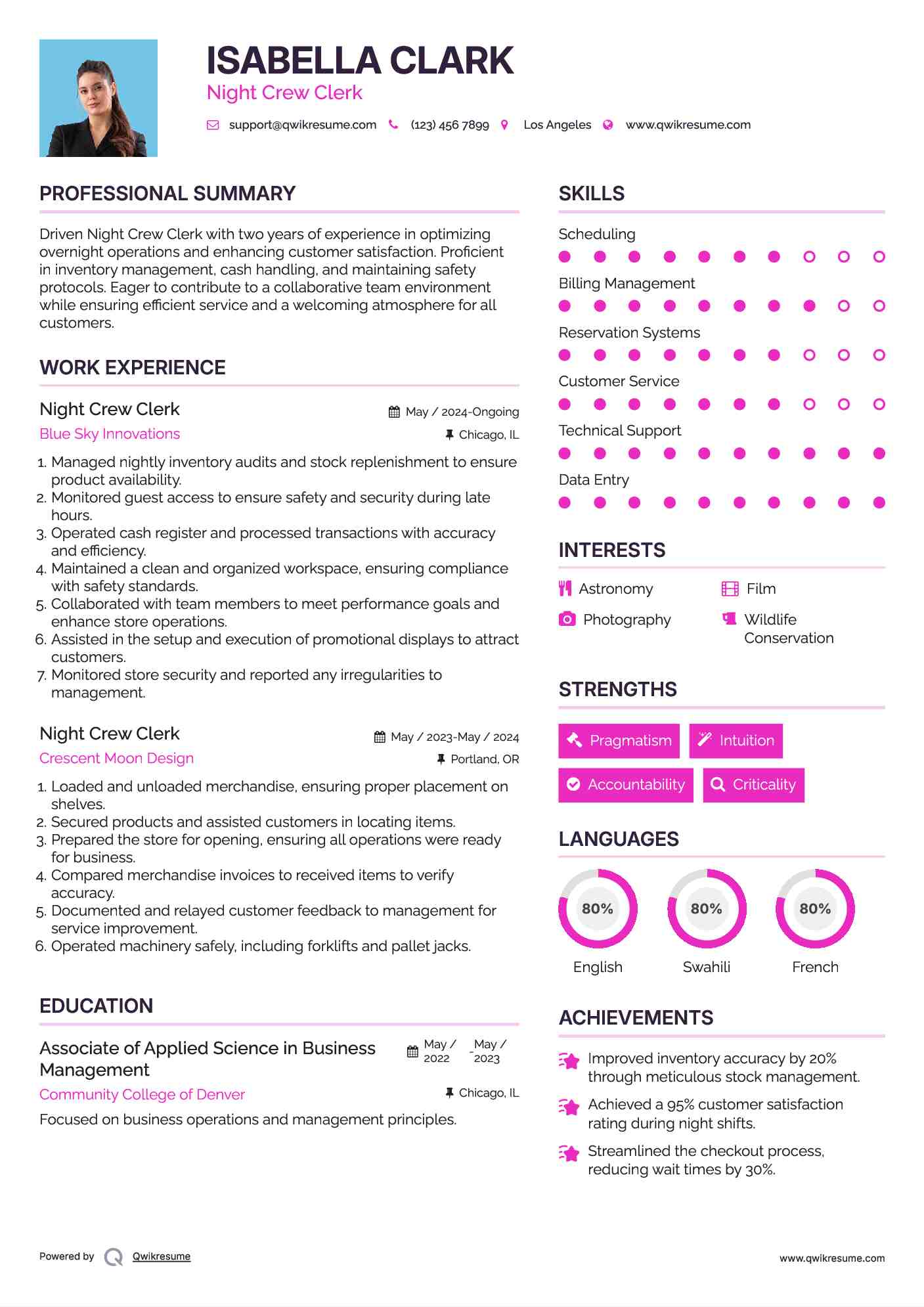 Night Crew Clerk Resume Model