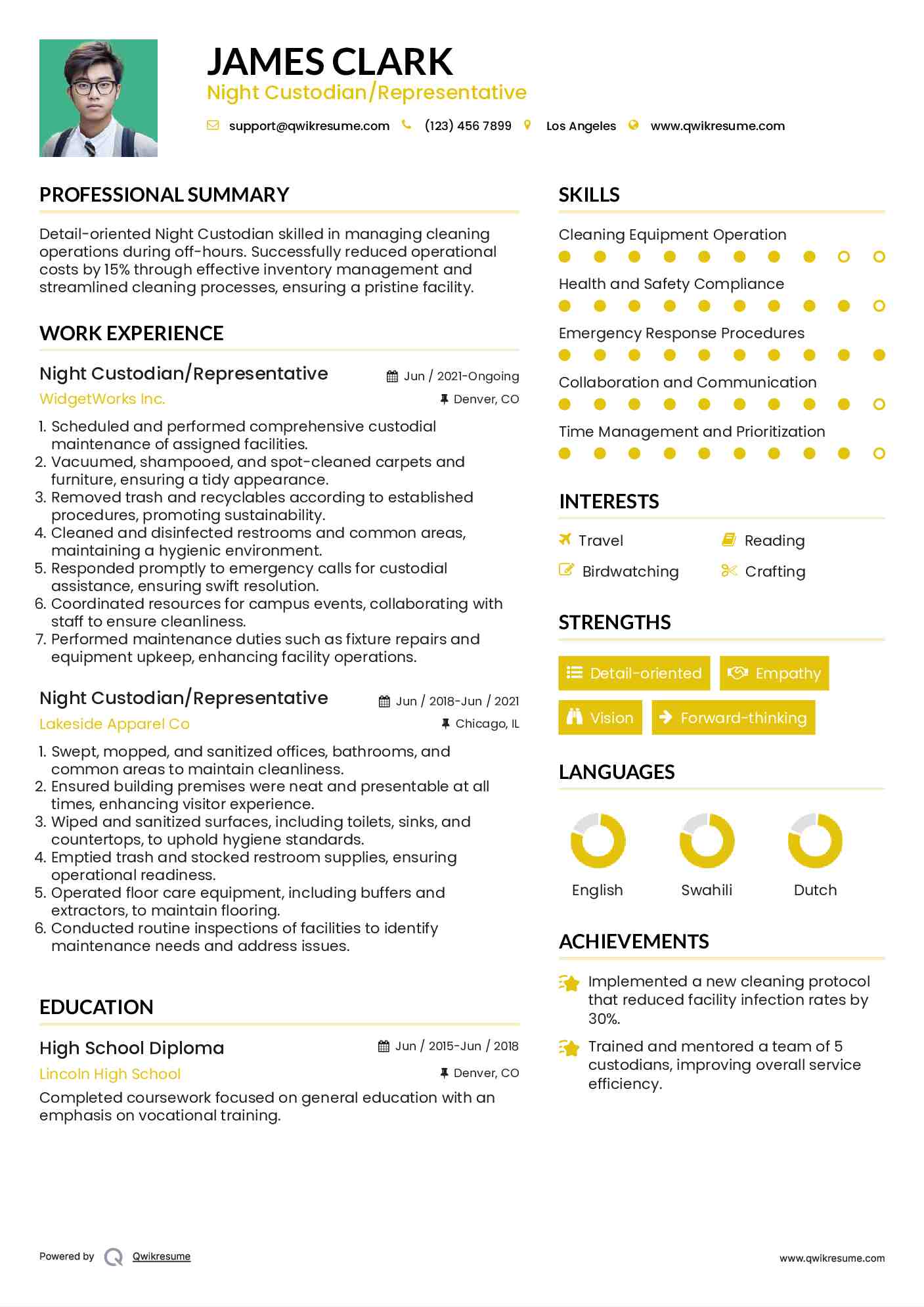 Night Custodian/Representative Resume Sample