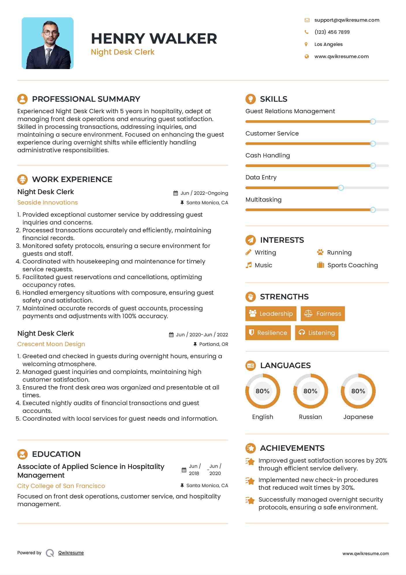 Night Desk Clerk Resume Format