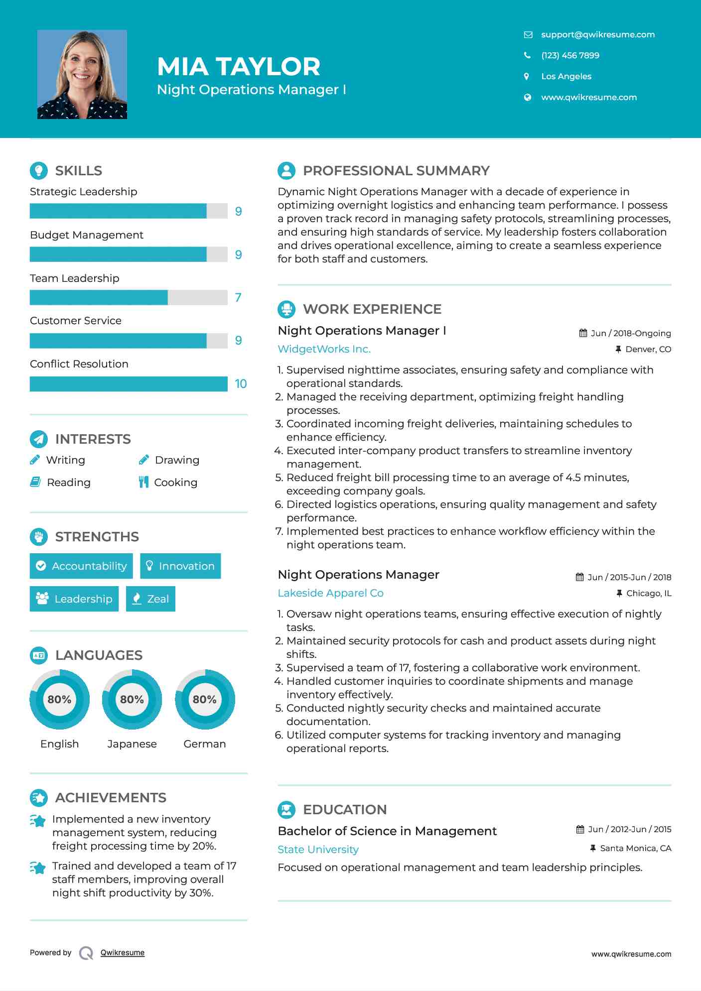 Night Operations Manager I Resume Sample