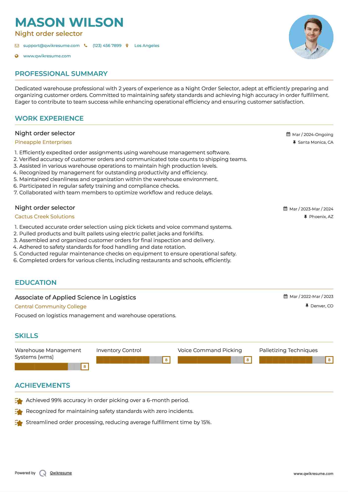 Night order selector Resume Template