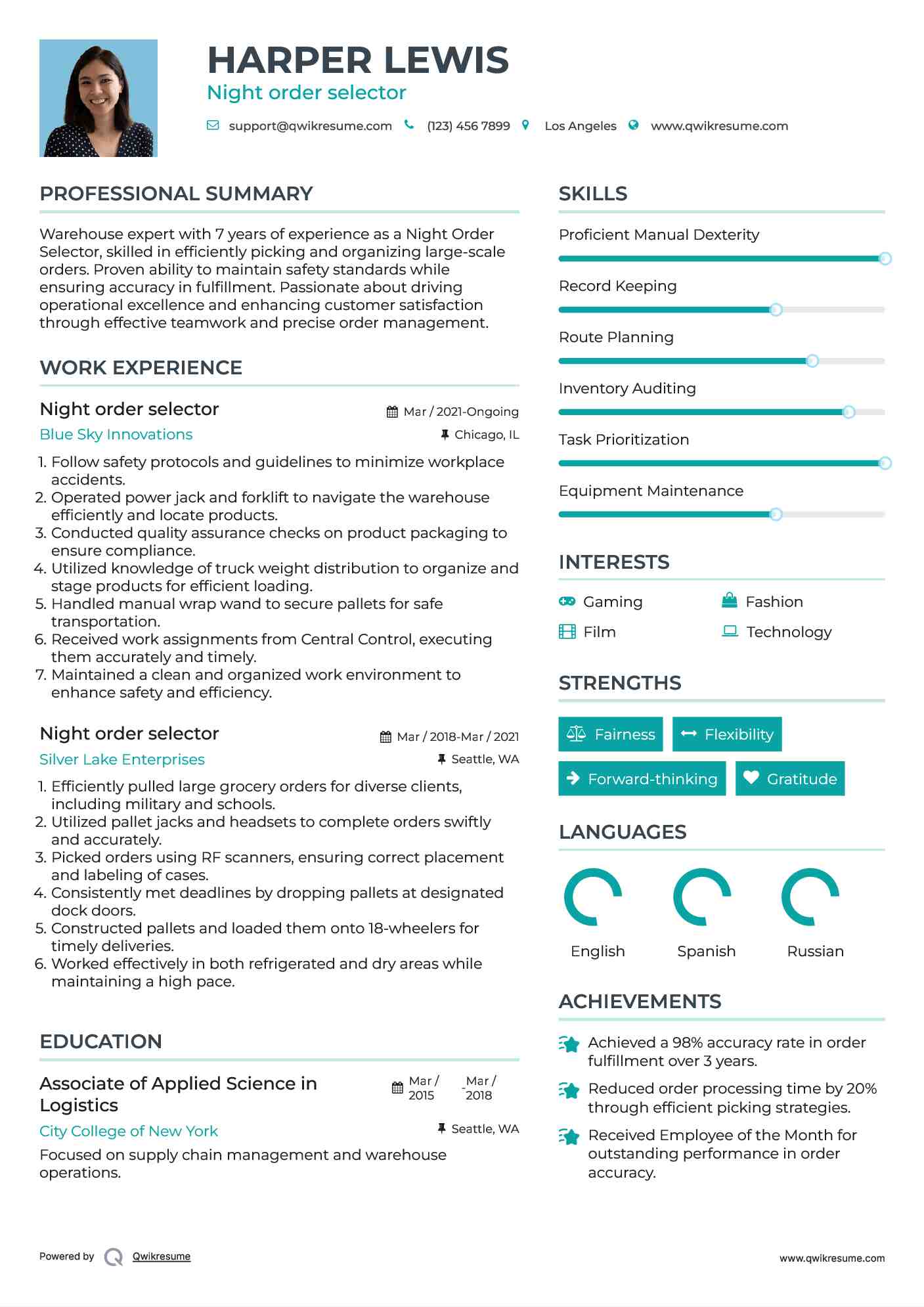 Night order selector Resume Template