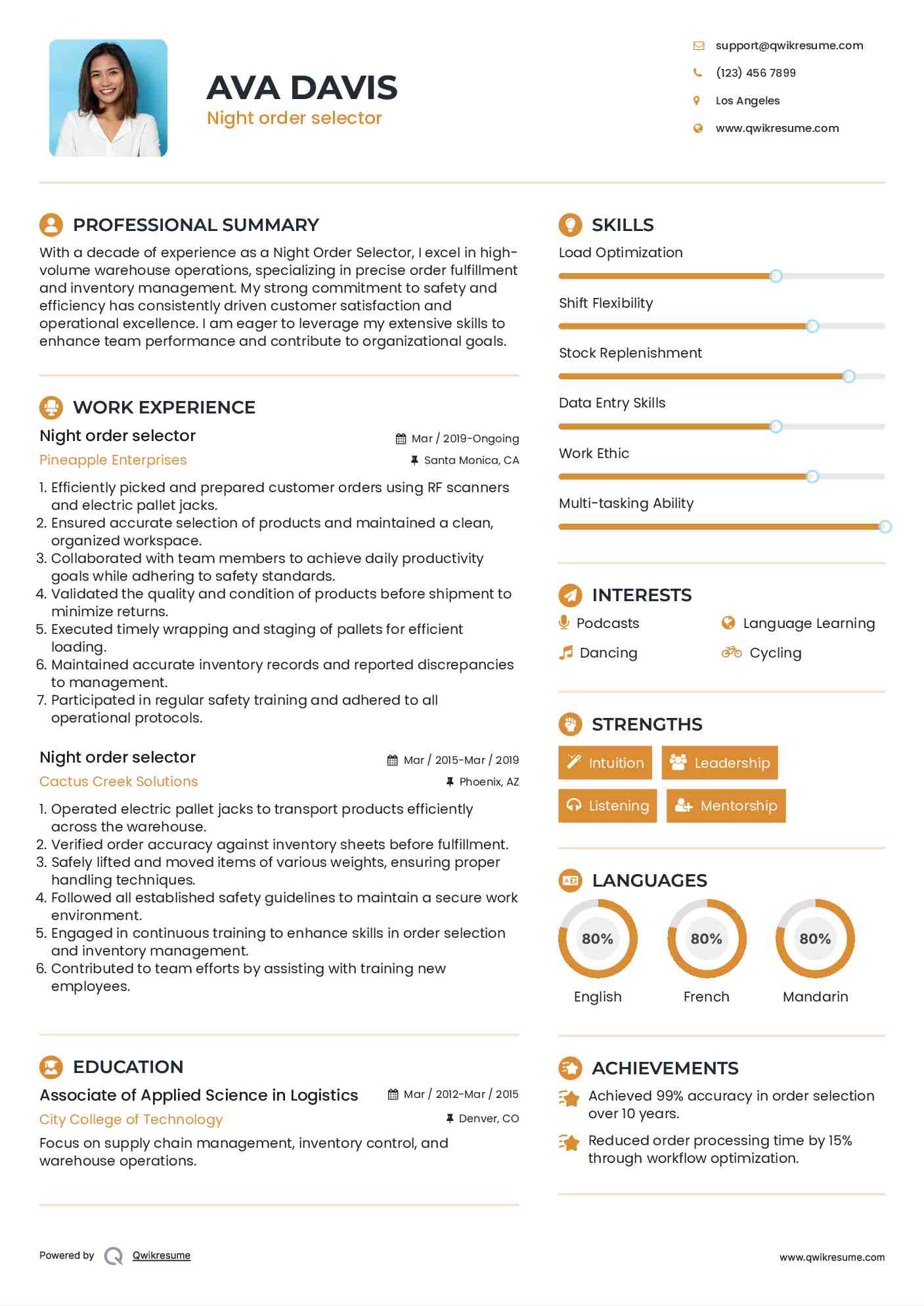 Night order selector Resume Model