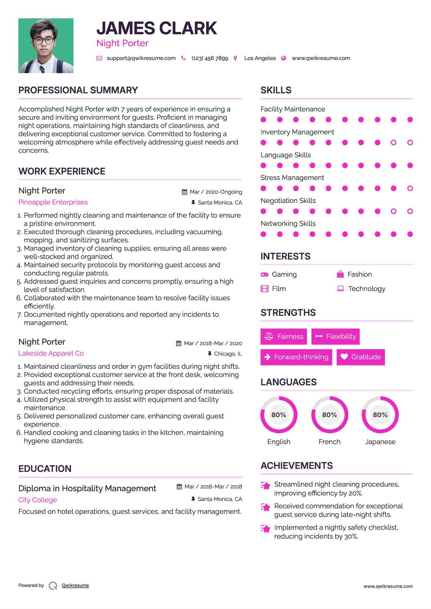 Night Porter Resume Example