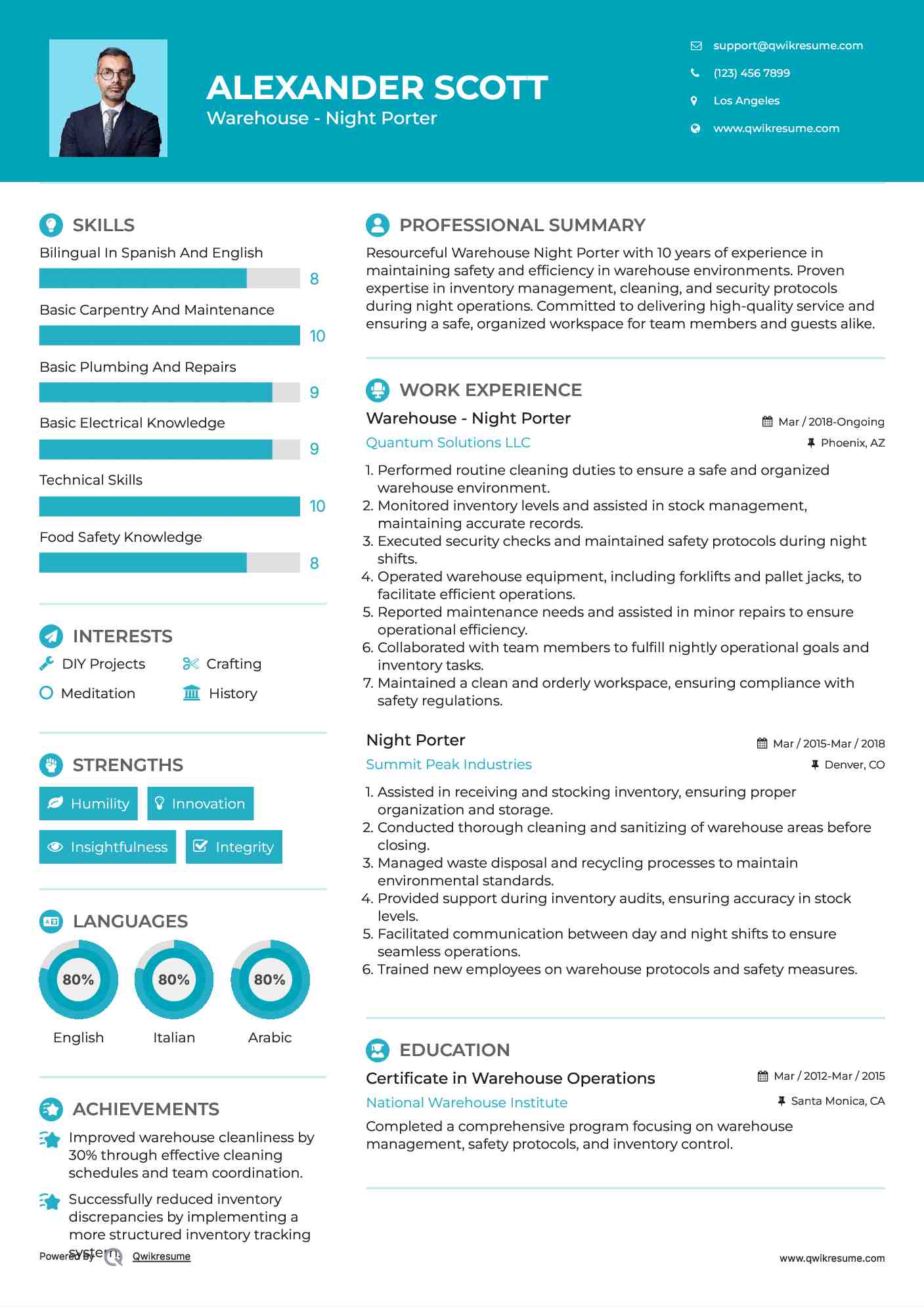 Warehouse - Night Porter
 Resume Model