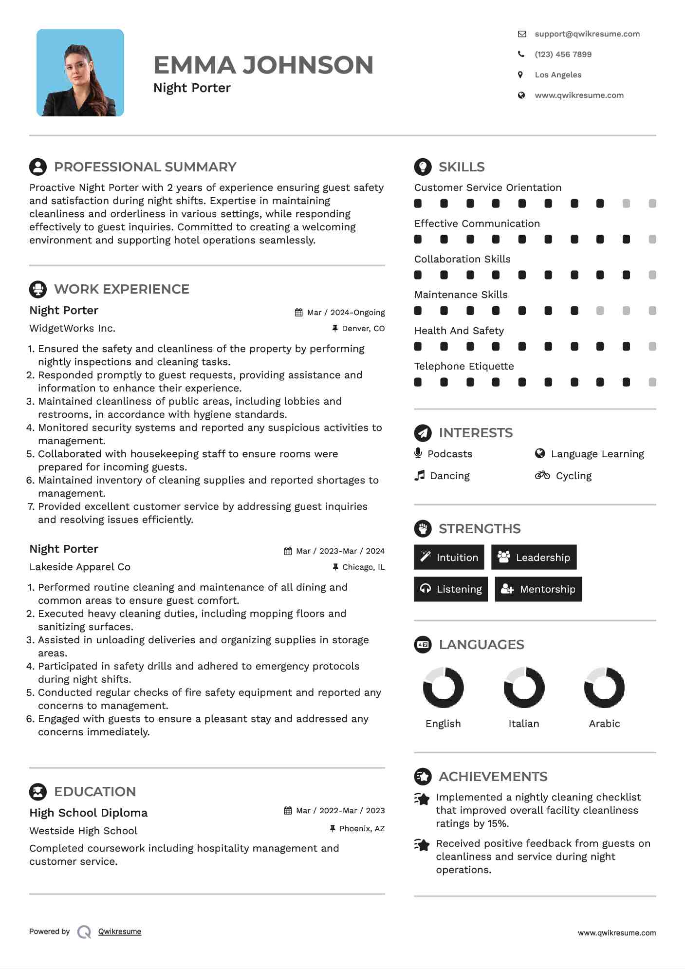 Night Porter Resume Sample