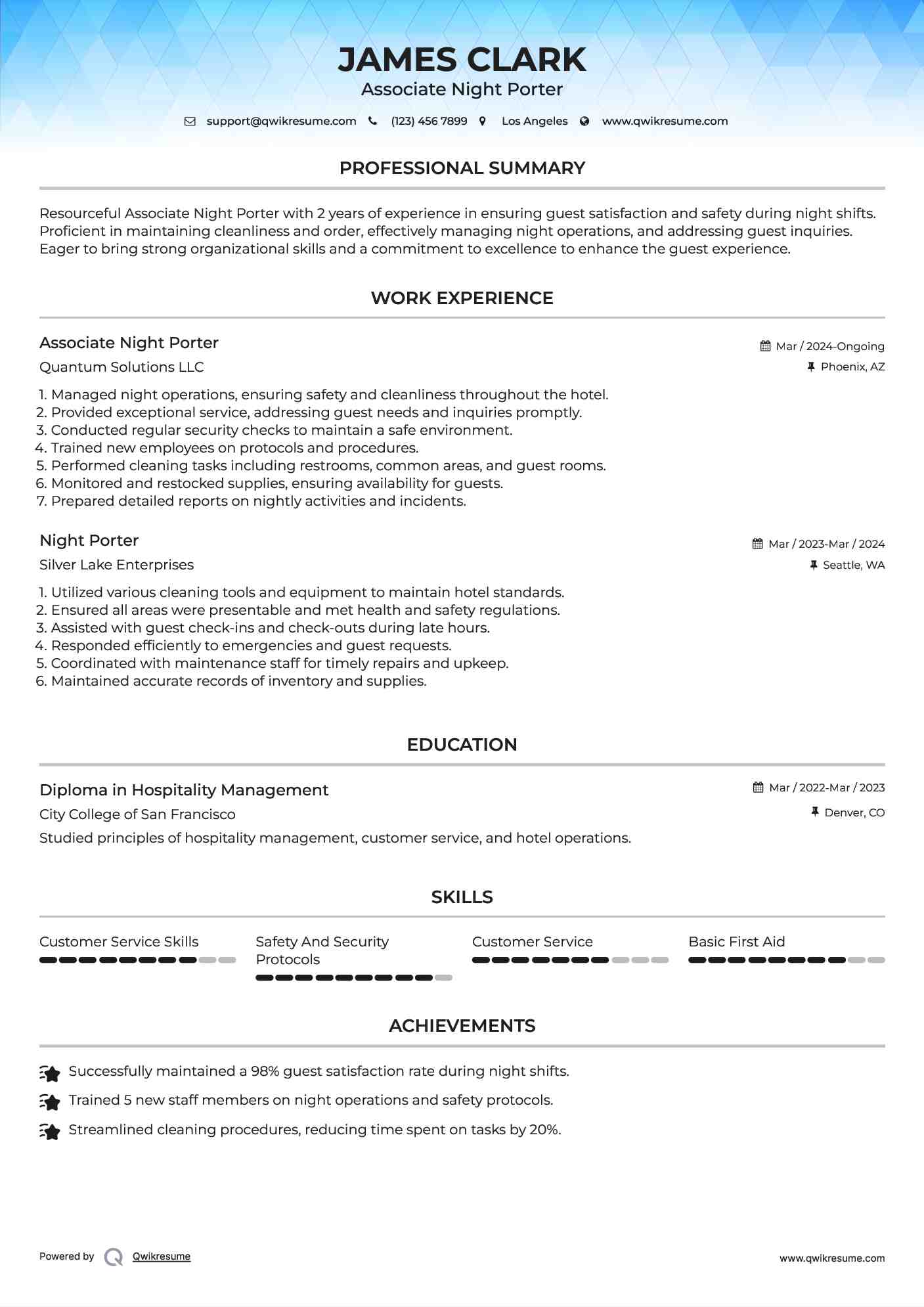 Associate Night Porter
 Resume Model