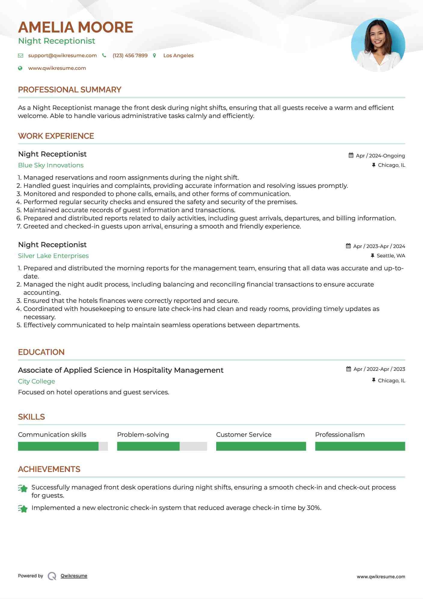 Night Receptionist Resume Model
