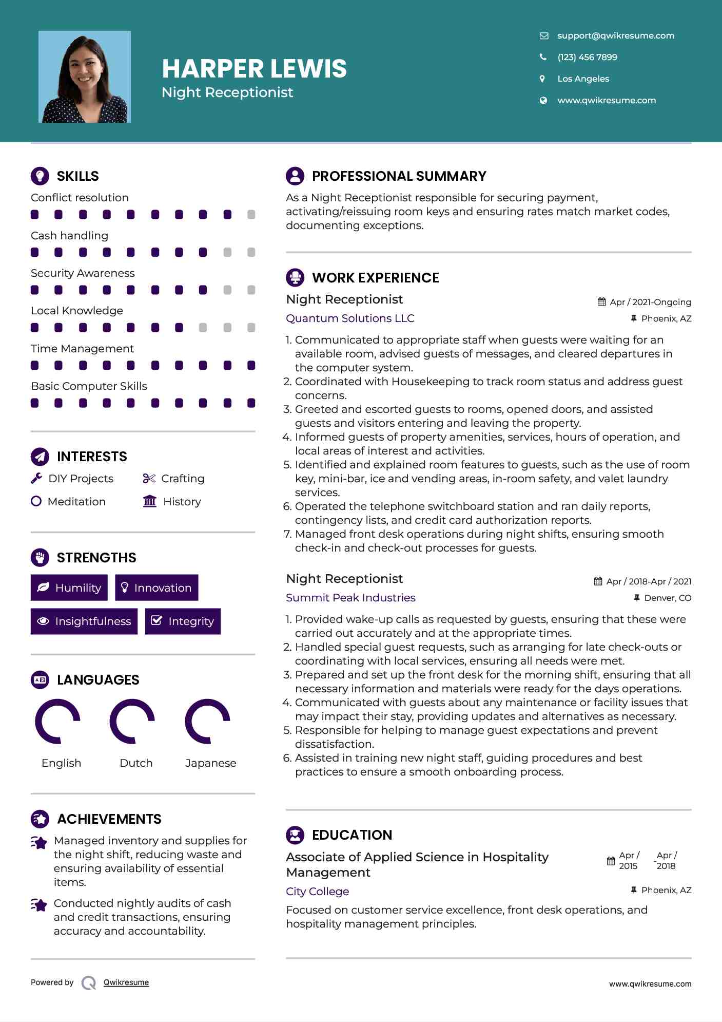 Night Receptionist Resume Template